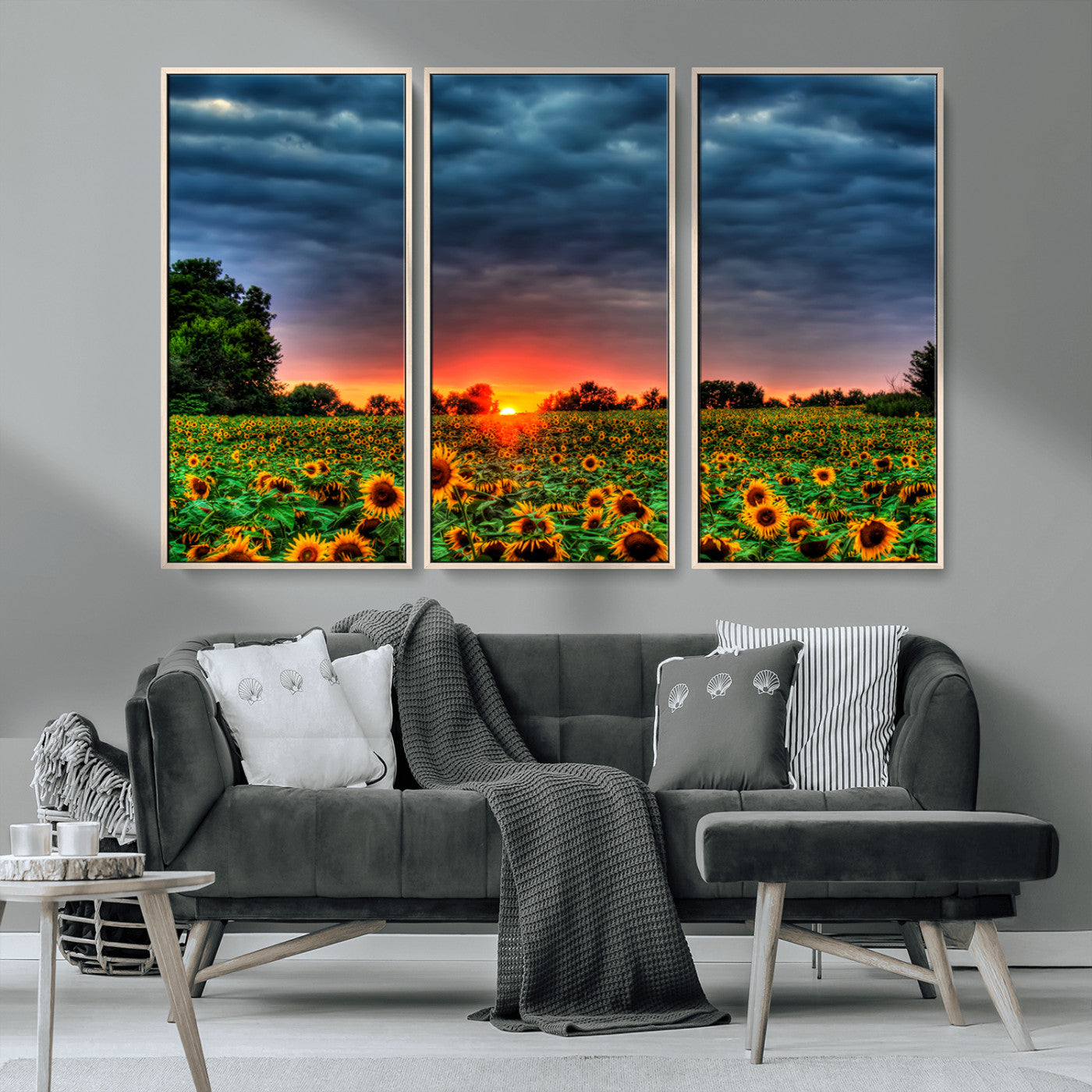 MGV-FC-48X32-3P - Golden Sunflower Field at Sunset – Breathtaking Sky and Vibrant Flowers, Ready to Hang Wall Art