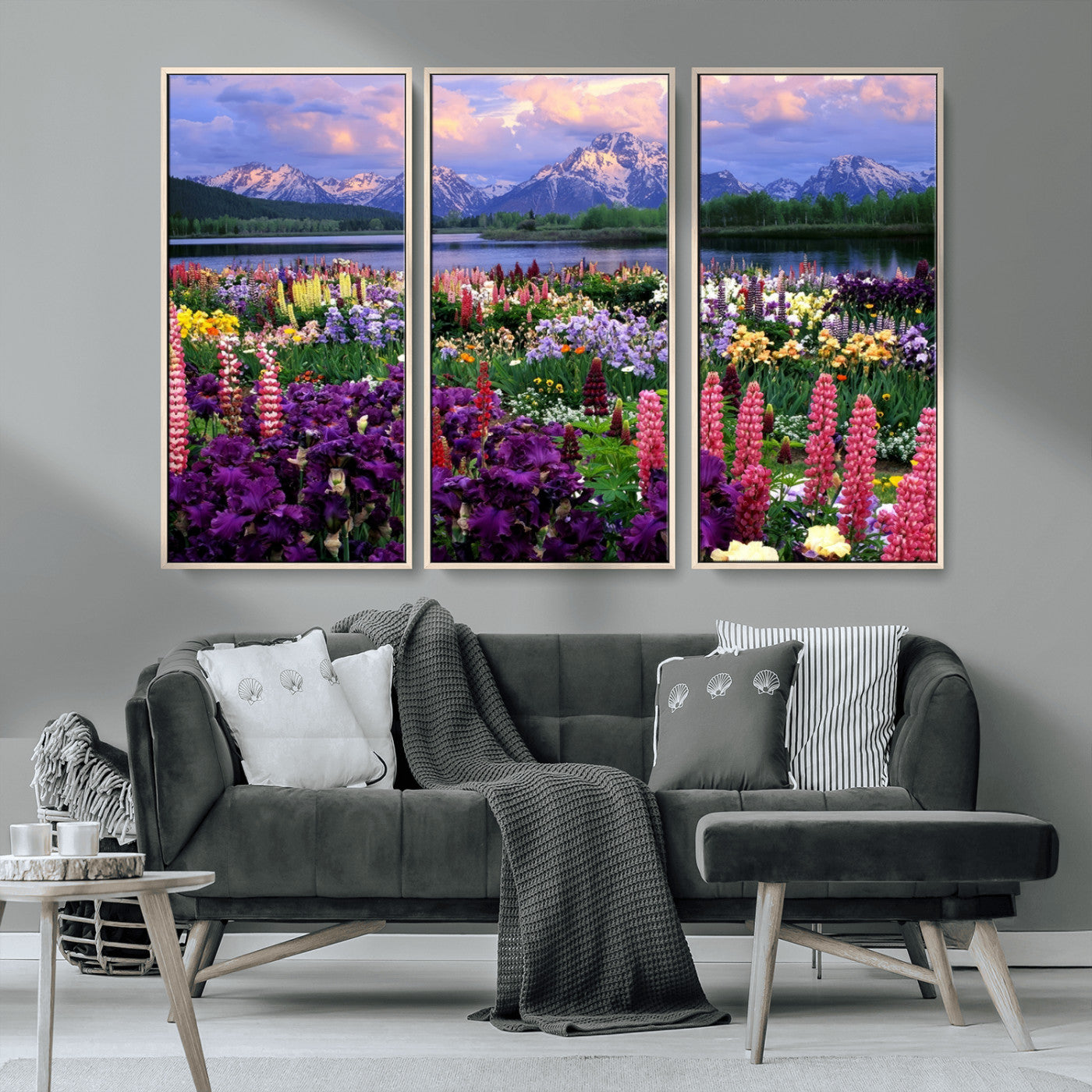 MGV-FC-48X32-3P - Vibrant Wildflower Garden and Mountain View Giclee Canvas Print | Floral Wall Art for Living Room