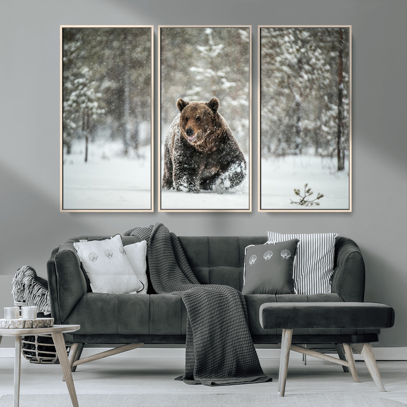 A majestic brown bear moves through a snowy forest landscape, surrounded by falling snowflakes, capturing the essence of wildlife in winter.
