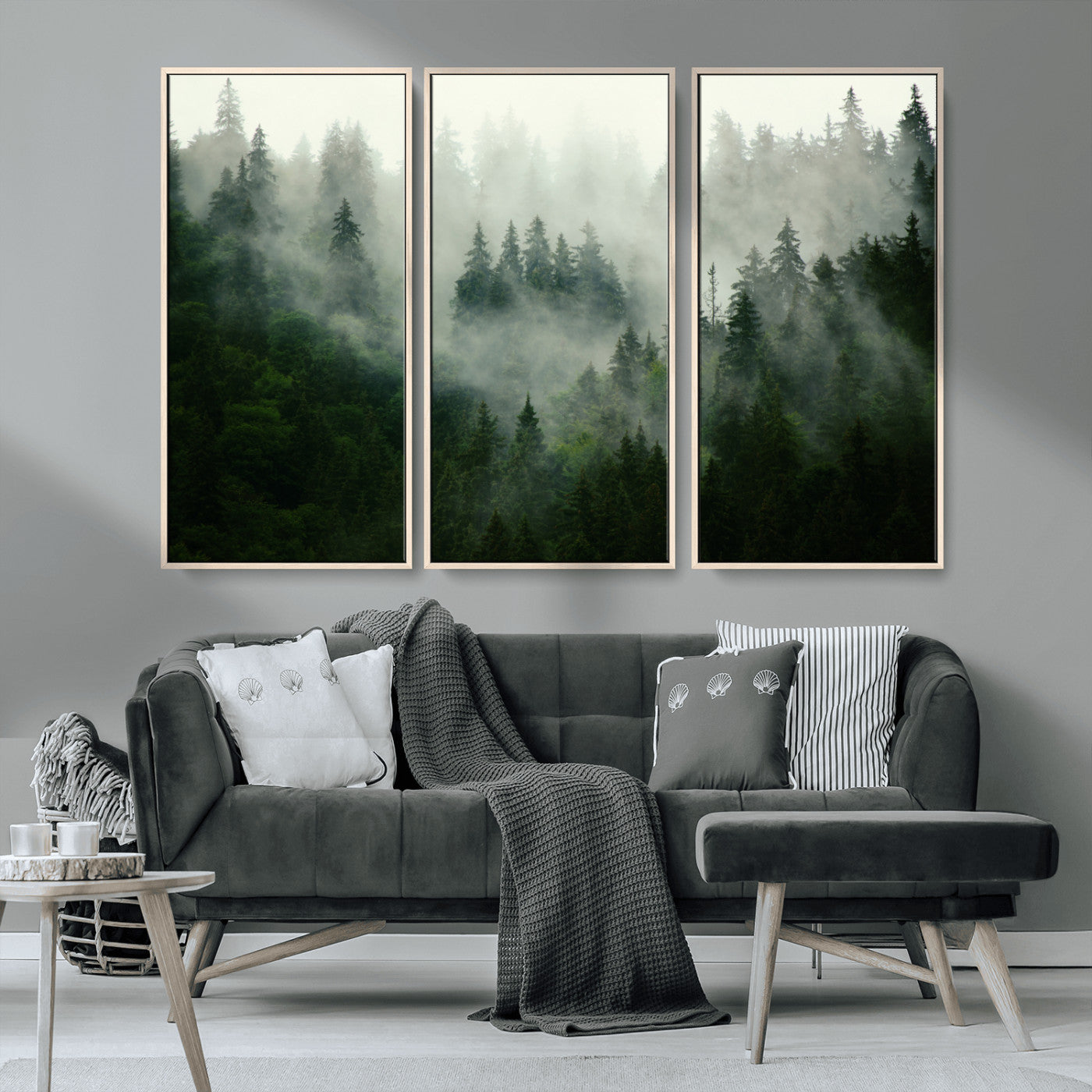 MGV-FC-48X32-3P - Misty Forest Wall Art Canvas Print - Foggy Forest Landscape Canvas Wall Art – Serene Triptych Nature