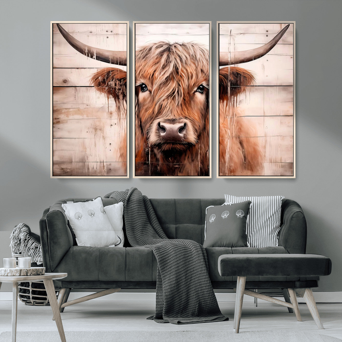 MGV-FC-48X32-3P - Vintage Scottish Highland Cow Cattle Art Print Farmhouse Wall Art Canvas Print