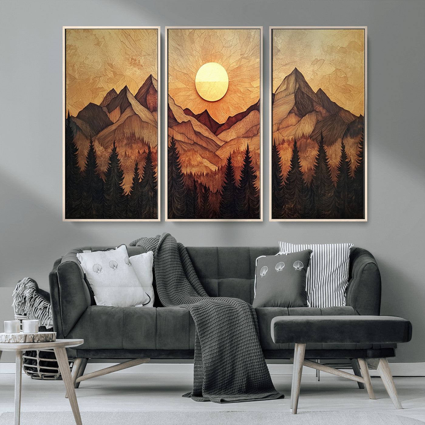 MGV-FC-48X32-3P - Wood Style Abstract Mountain Sunset Canvas Wall Art Print - Warm Earth Nature-Inspired Decor for