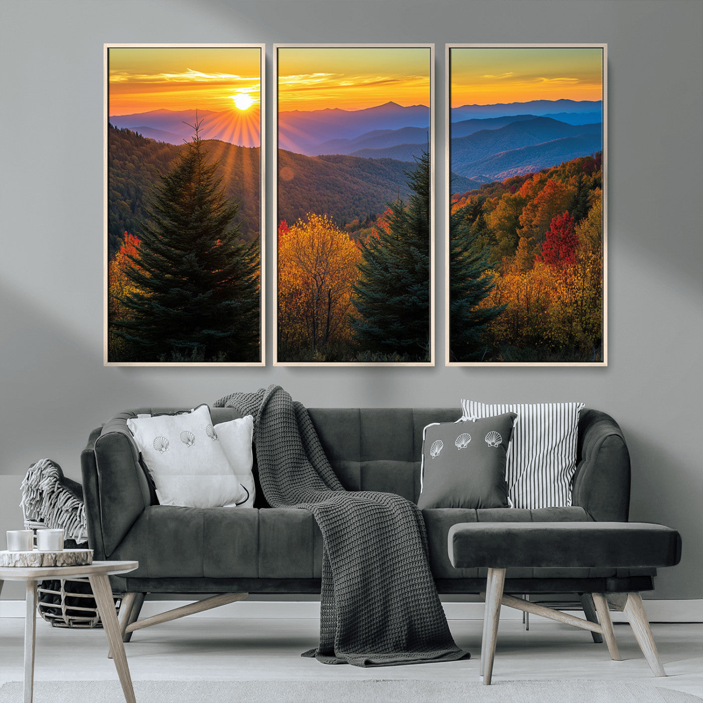 MGV-FC-48X32-3P - Golden Sunset Over Mountain Forest Canvas Wall Art Print - Warm Nature-Inspired Landscape for Living