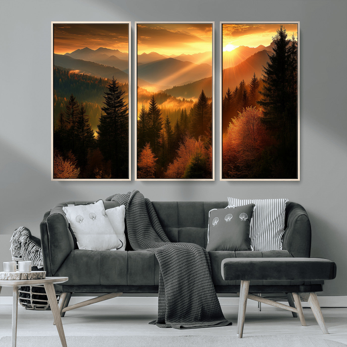 MGV-FC-48X32-3P - Golden Sunset Over Mountain Forest Canvas Wall Art Print - Warm Nature Landscape Print