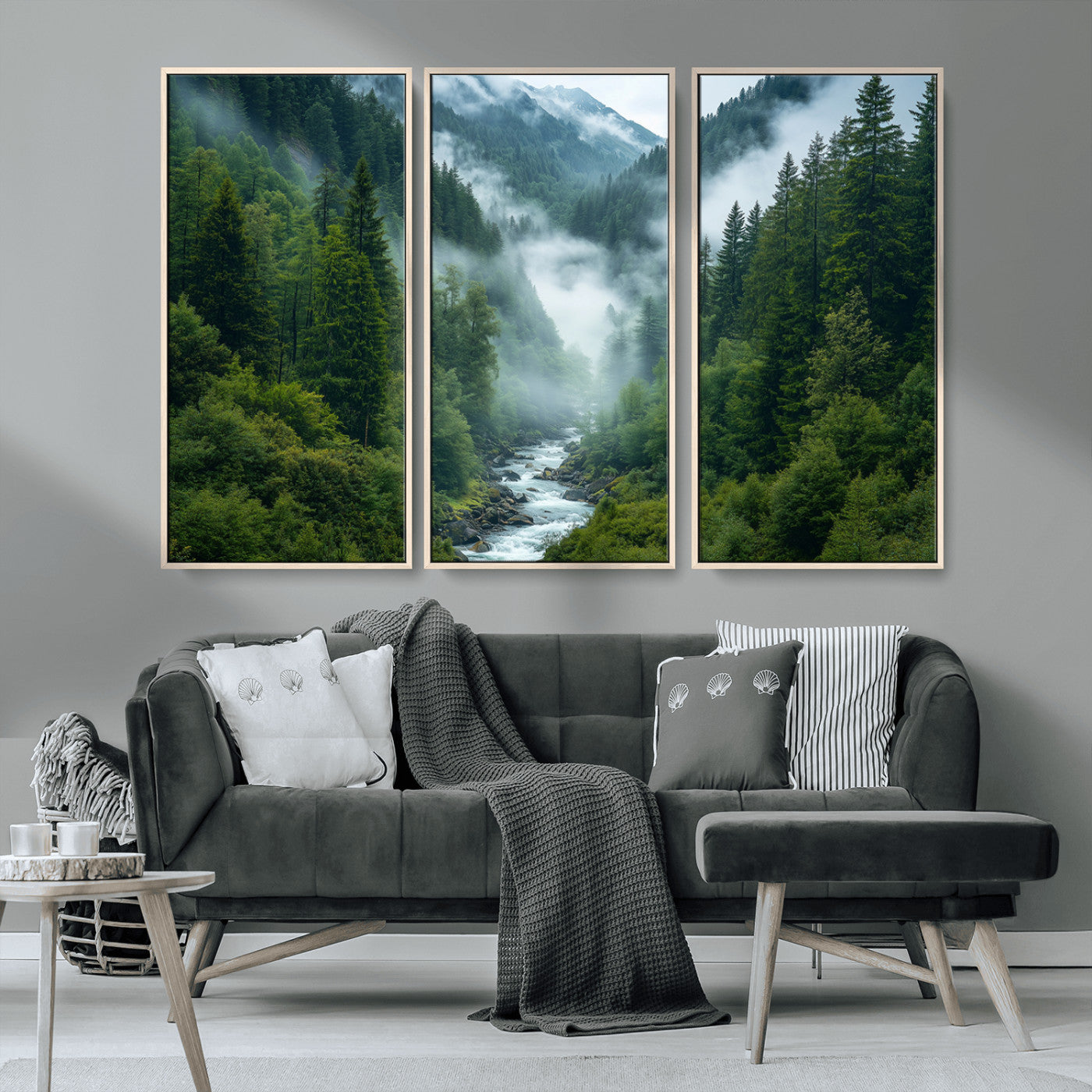 MGV-FC-48X32-3P - Mountain Forest River Canvas Wall Art Print - Serene Nature Landscape for Living Room, Office, or