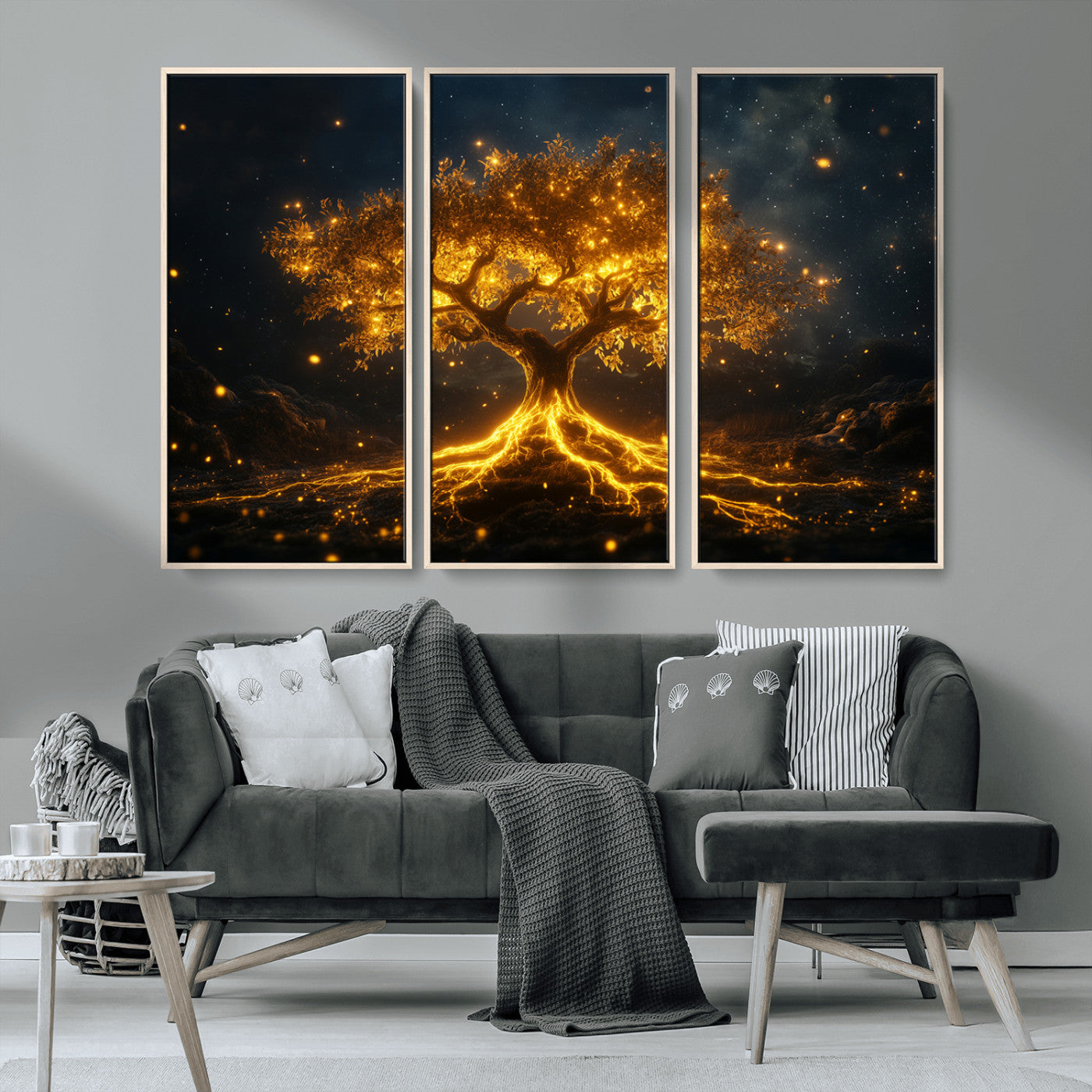 MGV-FC-48X32-3P - Golden Tree of Life Canvas Wall Art Print - Majestic Glowing Tree Design for Living Room, Office, or