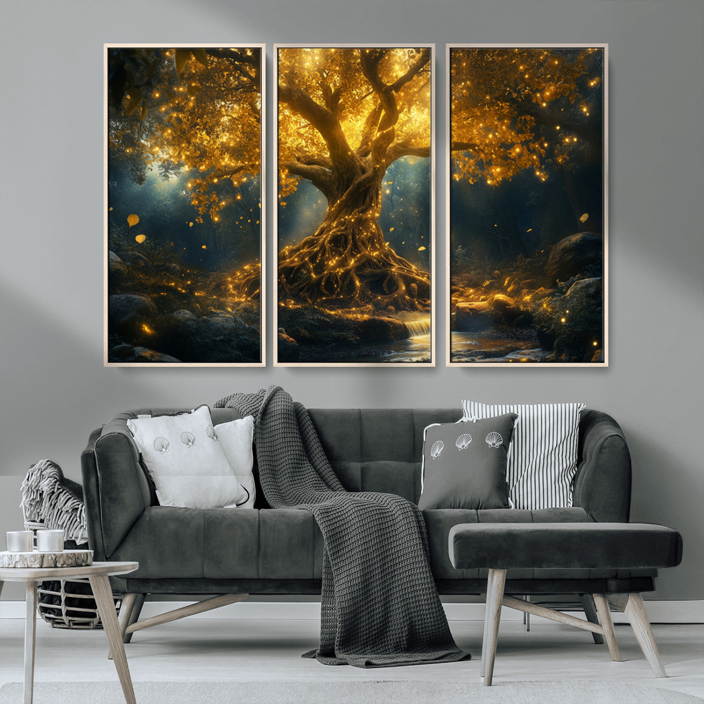 MGV-FC-48X32-3P - Golden Tree of Life Canvas Wall Art Print - Majestic Glowing Tree Wall Art Print