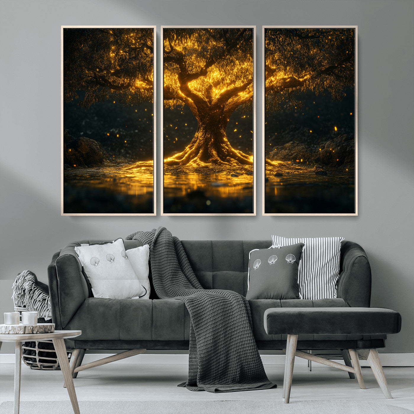 MGV-FC-48X32-3P - Golden Tree of Life Canvas Wall Art Print - Majestic Glowing Tree Wall Art Print