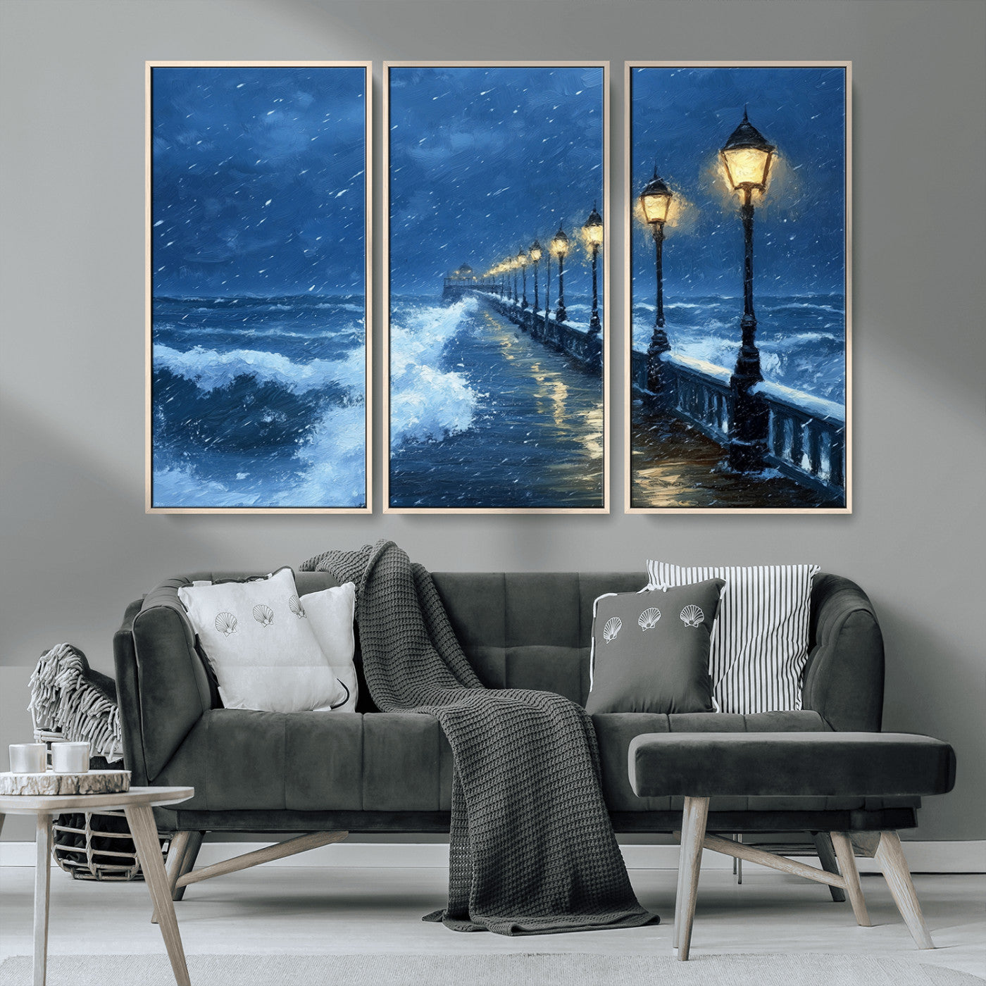 MGV-FC-48X32-3P - Stormy Ocean Pier Lights Canvas Wall Art Print - Large Moody Night Scene for Living Room, or Office,