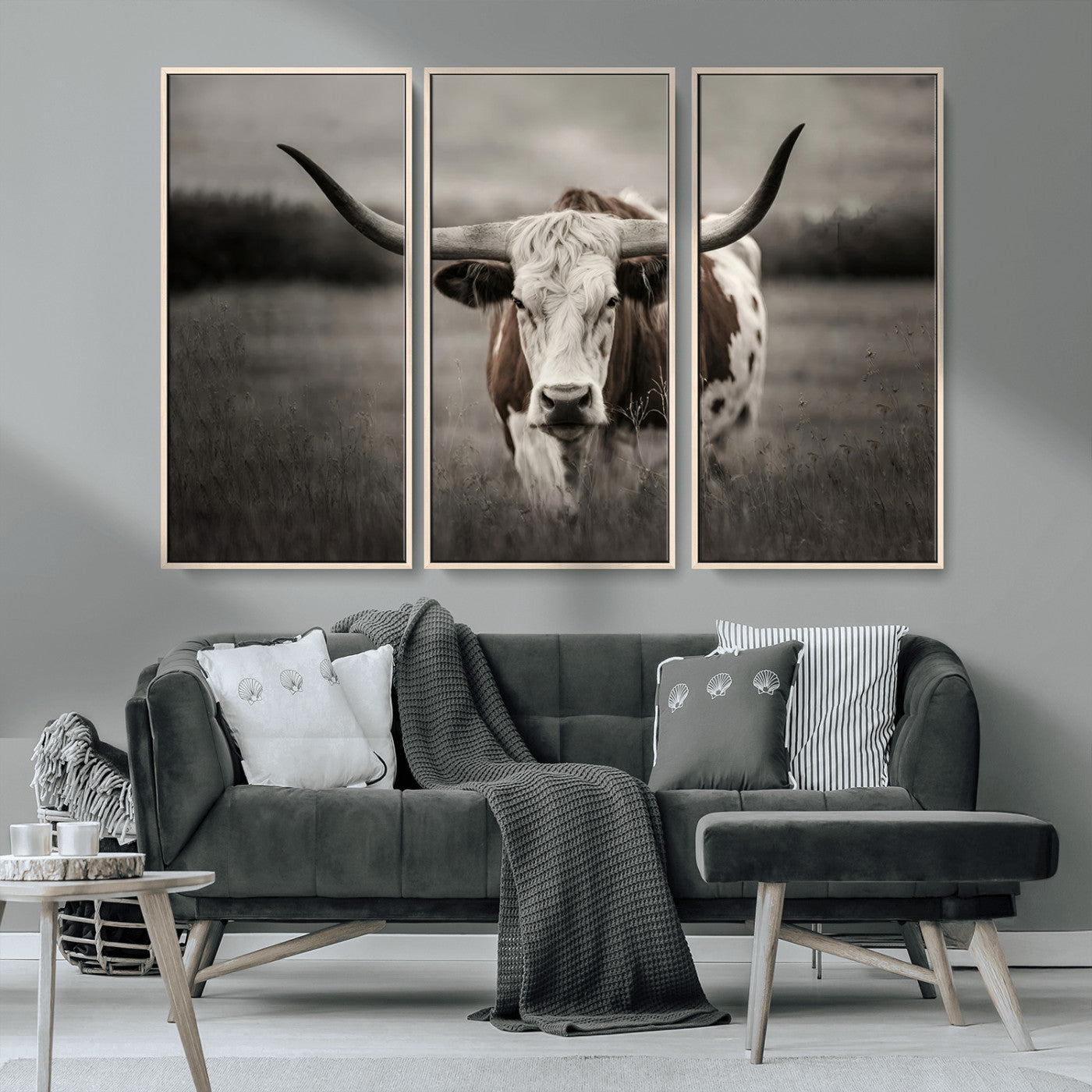 MGV-FC-48X32-3P - Texas Longhorn Cow Canvas Wall Art Print - Large Rustic Longhorn Art for Living Room, Western Wall