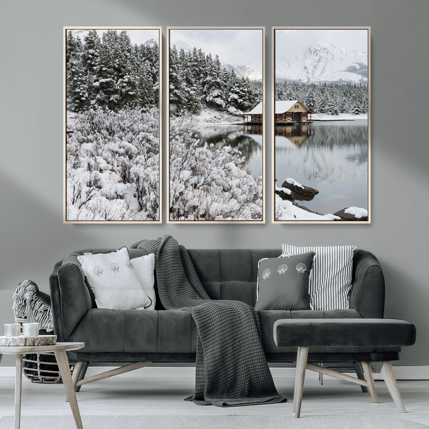 MGV-FC-48X32-3P - Winter Wall Art - Cabin by the Lake Canvas Wall Art - Serene Snowy Landscape with Mountain View,
