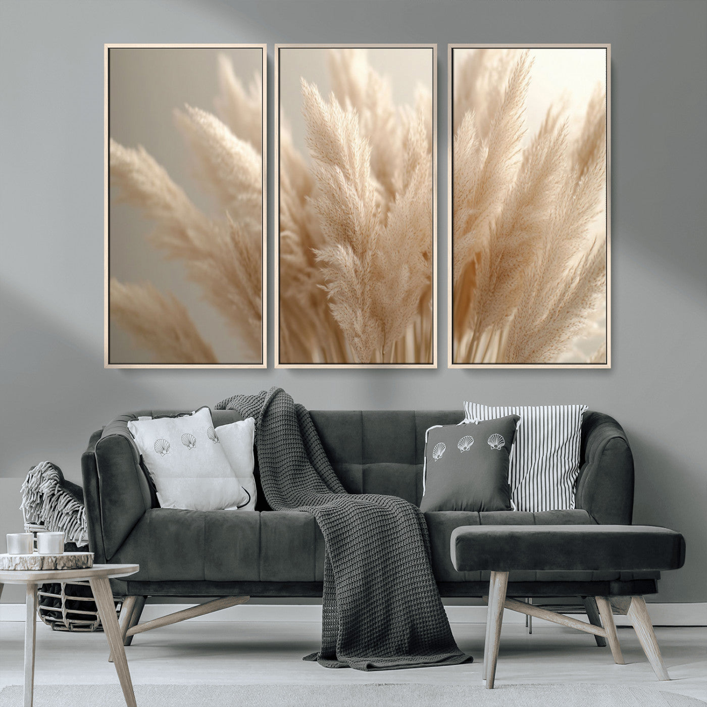 MGV-FC-48X32-3P - Pampas Grass Canvas Wall Art - Elegant Neutral Decor for Living Room, Boho Minimalist Artwork, Ready