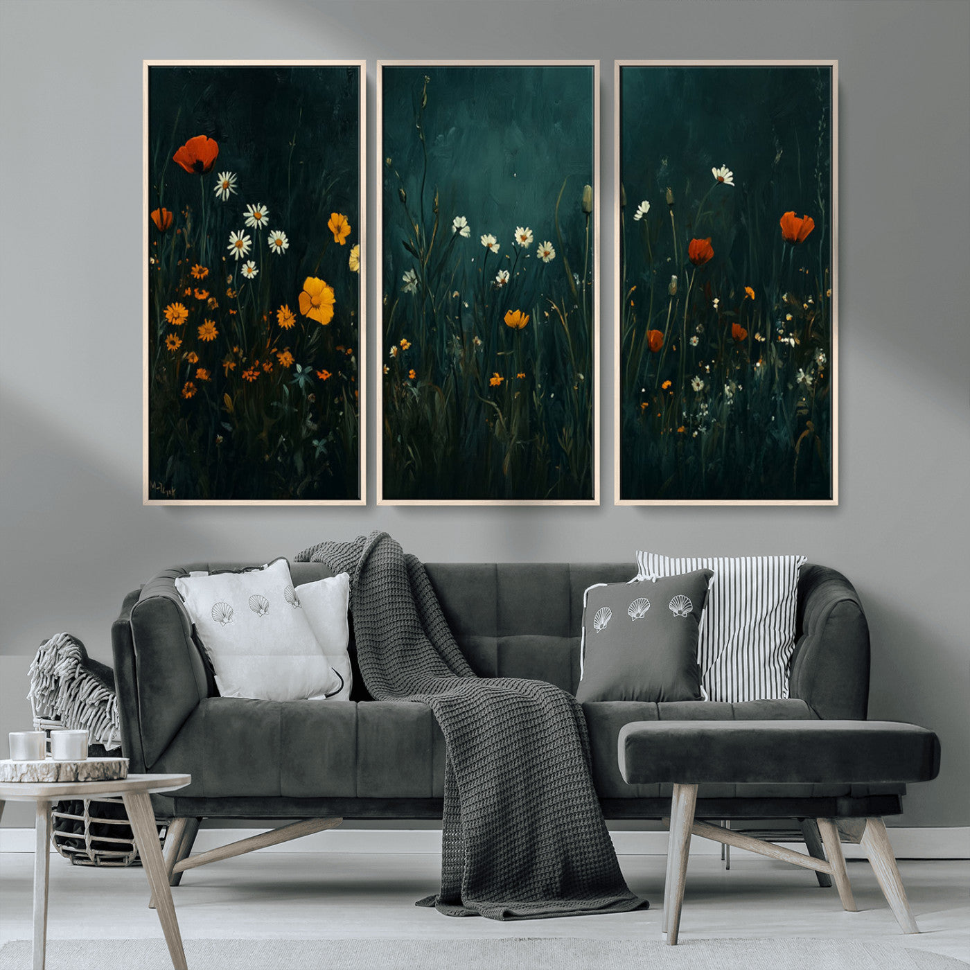 MGV-FC-48X32-3P - Framed Wildflower Field Wall Art, Framed Vintage Botanical Landscape Sign, Floral Decor, Modern