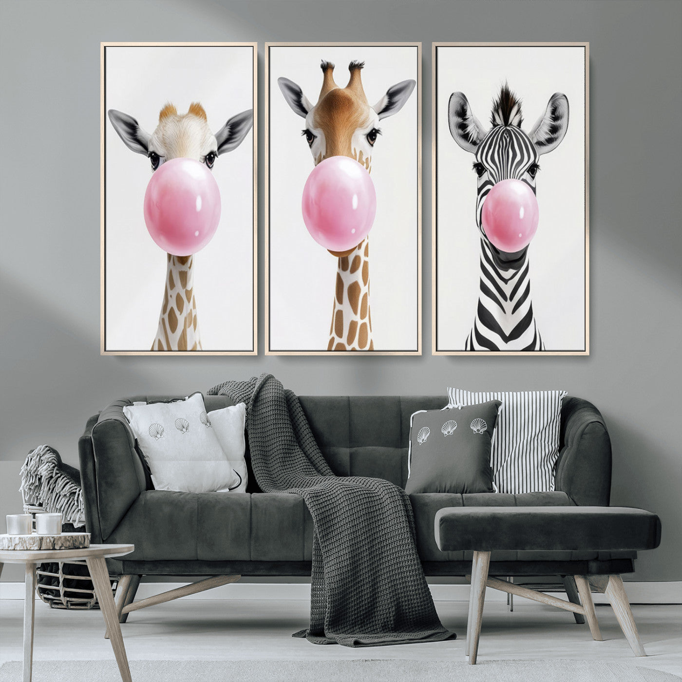 MGV-FC-48X32-3P - Bubblegum Animals Canvas Wall Art - Playful Giraffe and Zebra Trio, Fun Nursery Decor for Kids'