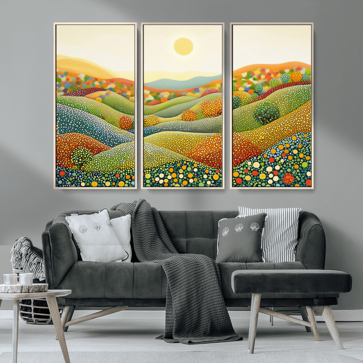 MGV-FC-48X32-3P - YAYOI KUSAMA Wall Art - Colorful Dot Art Landscape Canvas, Framed Japanese Dot Art