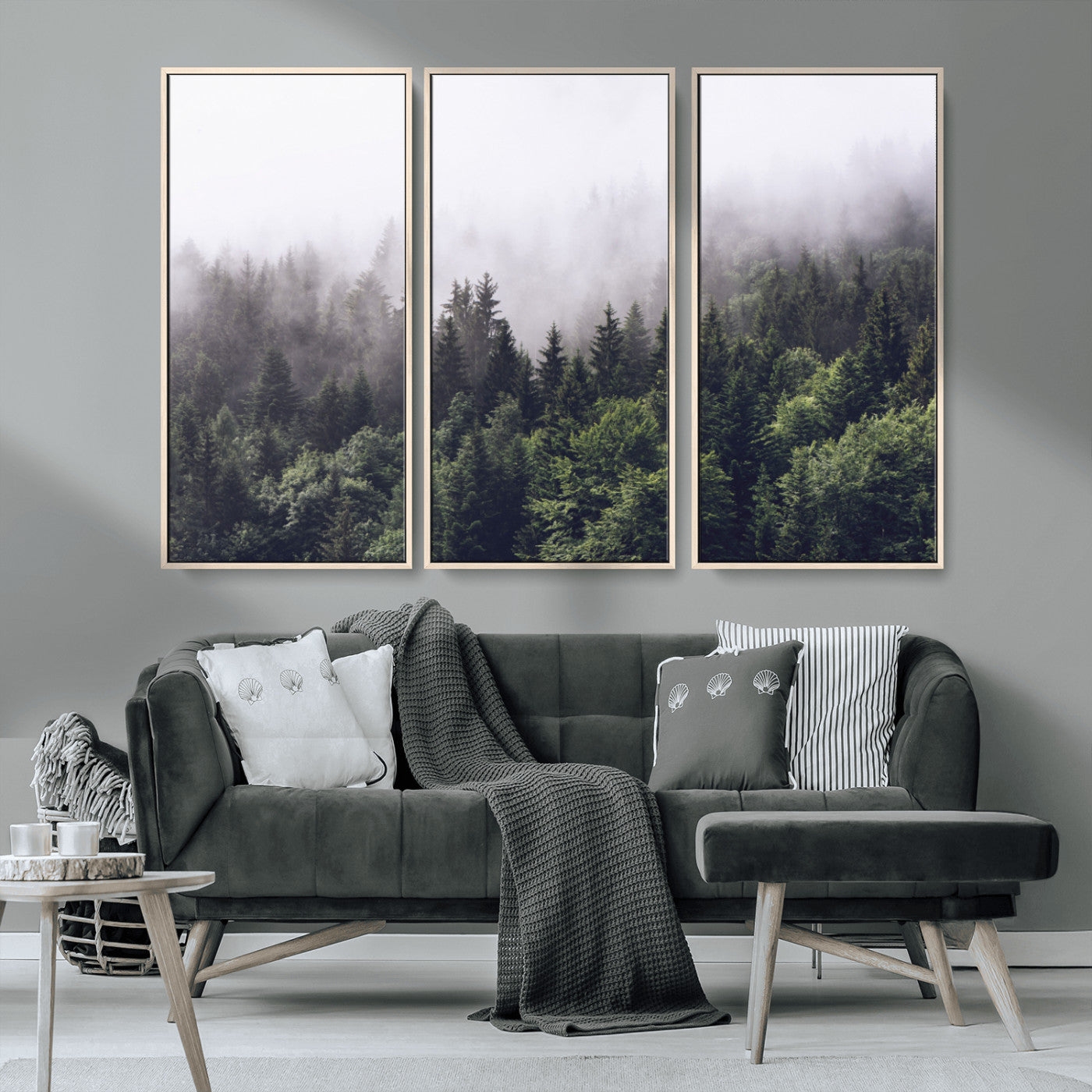 MGV-FC-48X32-3P - Misty Forest Wall Art | Foggy Forest Canvas Print | Large Nature-Inspired Misty Tree Landscape for