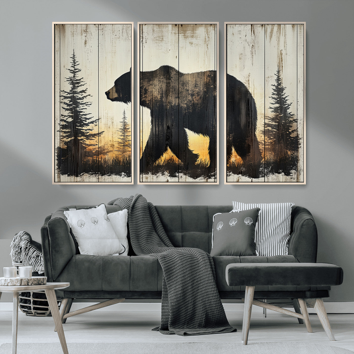 83875-MGV-CV-36X24-Vintage Bear Wall Art Canvas Print for Farmhouse - Mountain Wood Canvas Wall Art - Forest Silhouette