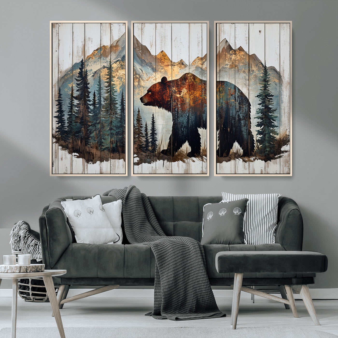 55777-MGV-CV-36X24-Rustic Grizzly 399 Bear and Mountain Wood Canvas Wall Art - Framed Nature Artwork with Forest