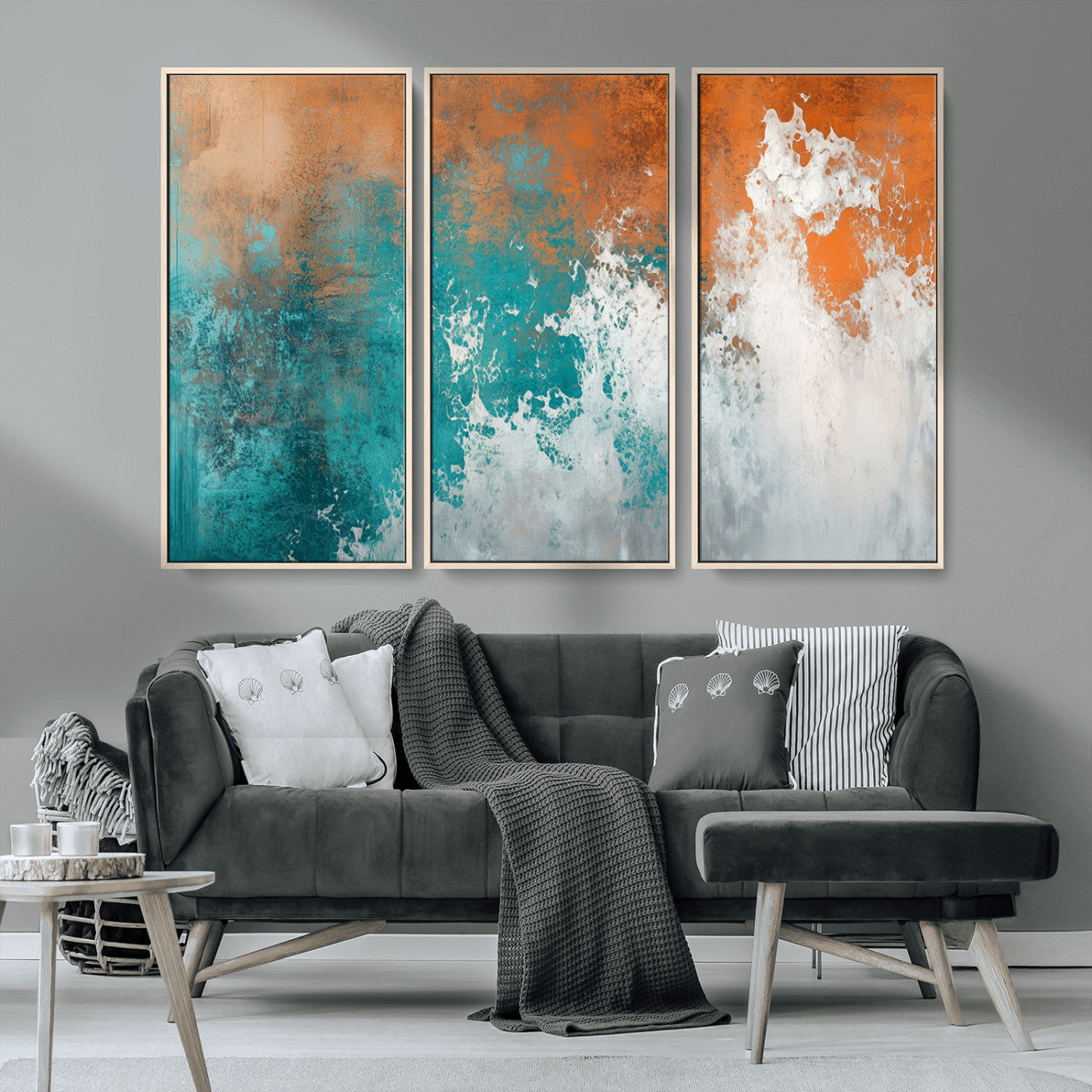 MGV-FC-48X32-3P - Vintage Abstract Print - Bold Teal and Orange Canvas Wall Art - Retro-Vintage Abstract Orange Canvas