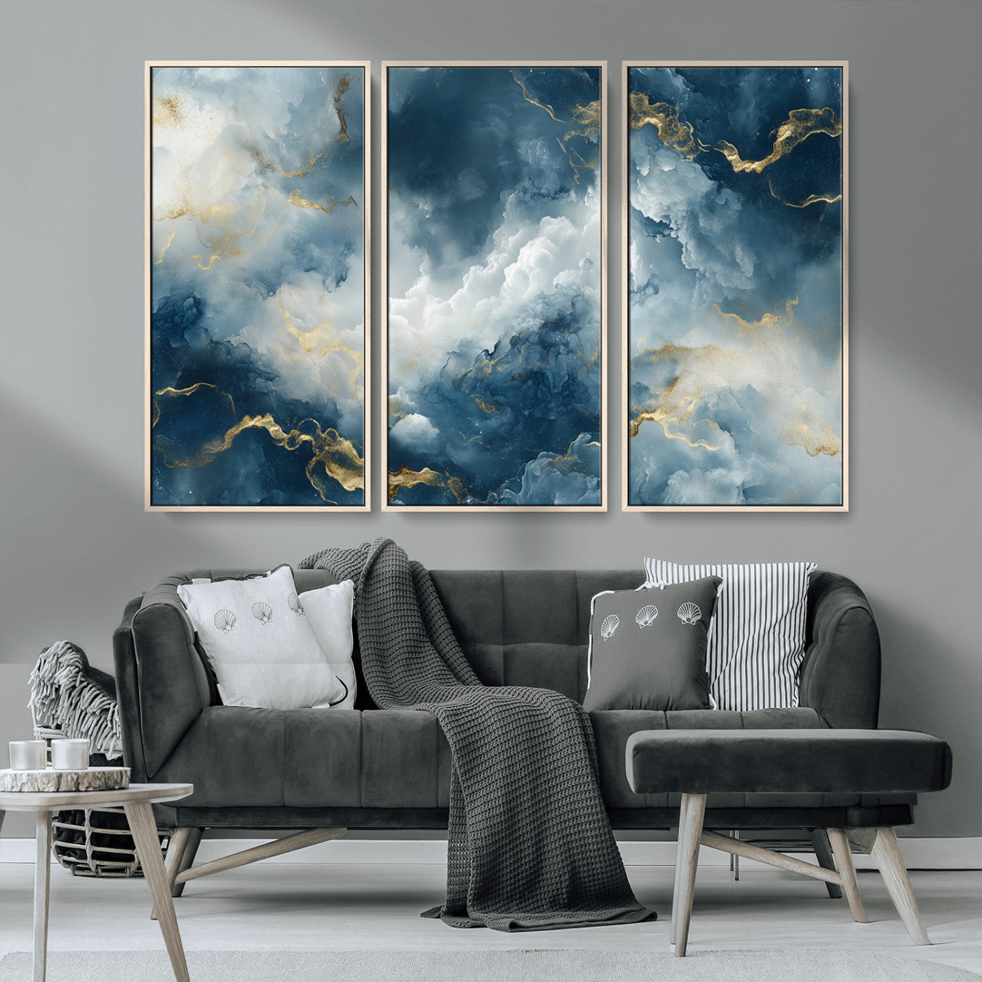 MGV-FC-48X32-3P - Large Abstract Print - Luxe Blue and Gold Abstract Canvas Wall Art - Bold Cloudscape Canvas for
