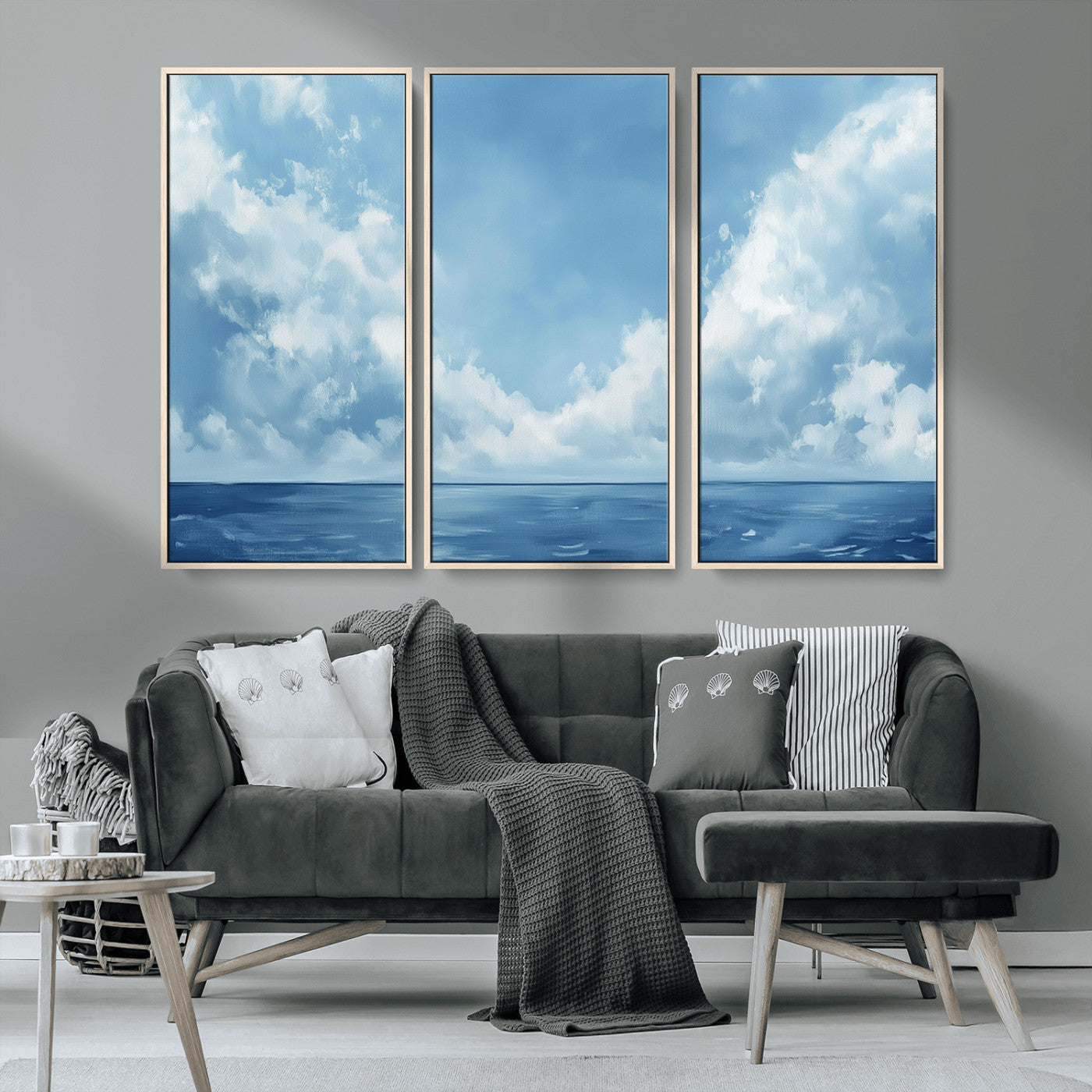MGV-FC-48X32-3P - Abstract Ocean Print Artwork- Serene Blue Ocean Canvas Wall Art - Minimalist Ocean and Sky Canvas