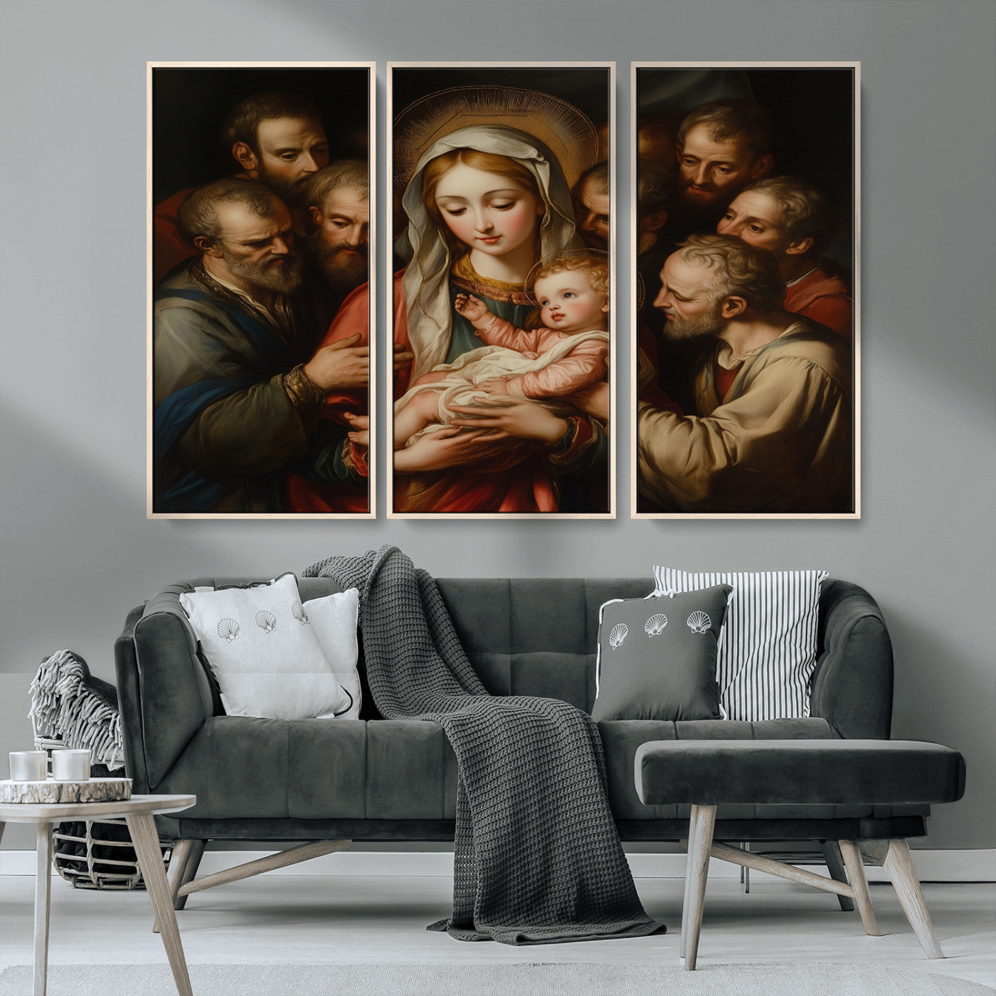 MGV-FC-48X32-3P - Religious Canvas Wall Art Print - Madonna and Child with Apostles Art Print - Classic Christian