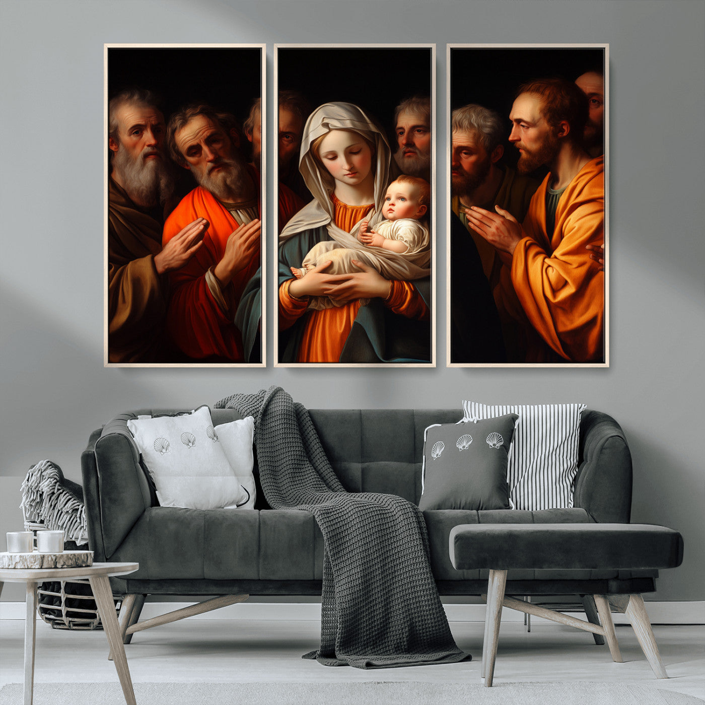 MGV-FC-48X32-3P - Religious Canvas Wall Art Print - Madonna and Child with Apostles Art Print - Classic Christian