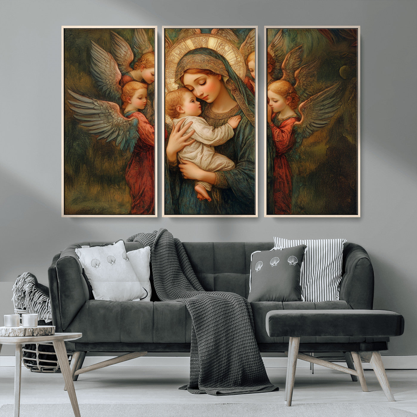 MGV-FC-48X32-3P - Mary Jesus Canvas Wall Art Print - Madonna and Child with Angels Art Print - Classic Christian