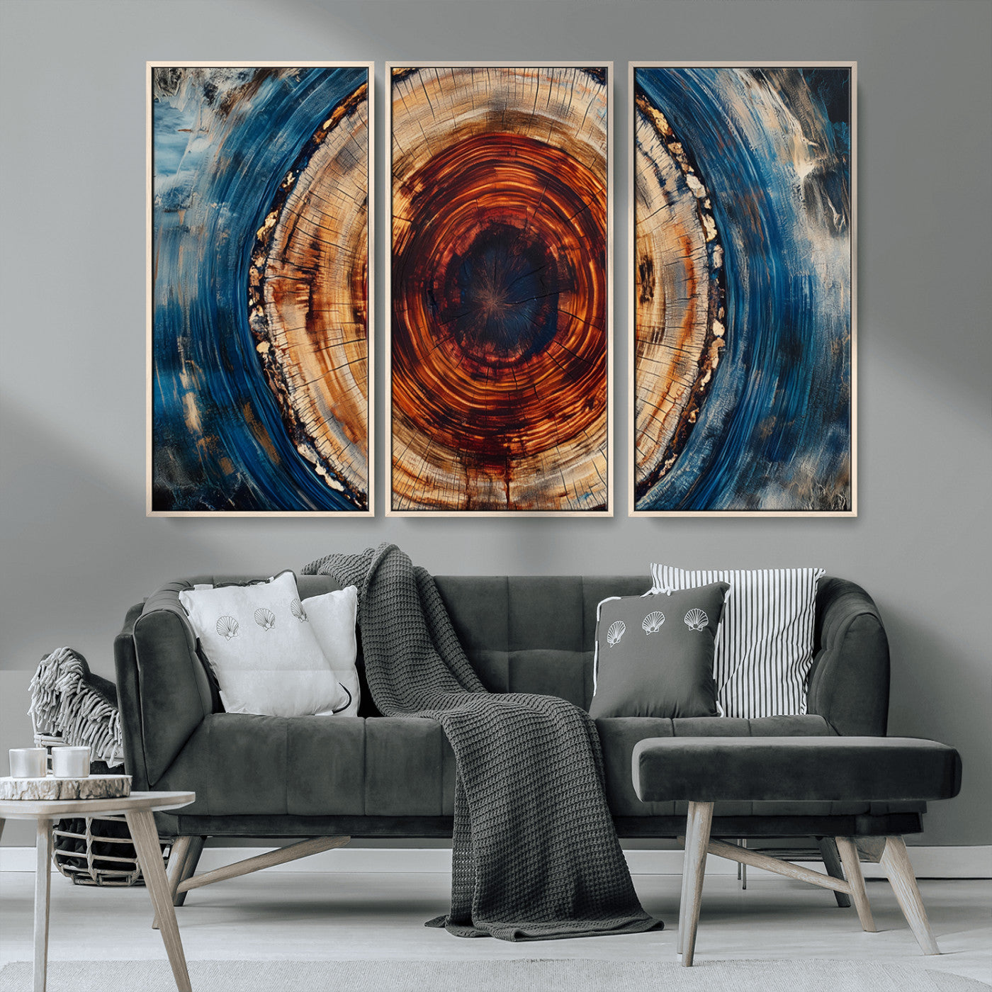 MGV-FC-48X32-3P - Abstract Framed Tree Rings Wall Decor, Wood Grain Rings Artwork Print, Nature Woodland Modern Wall
