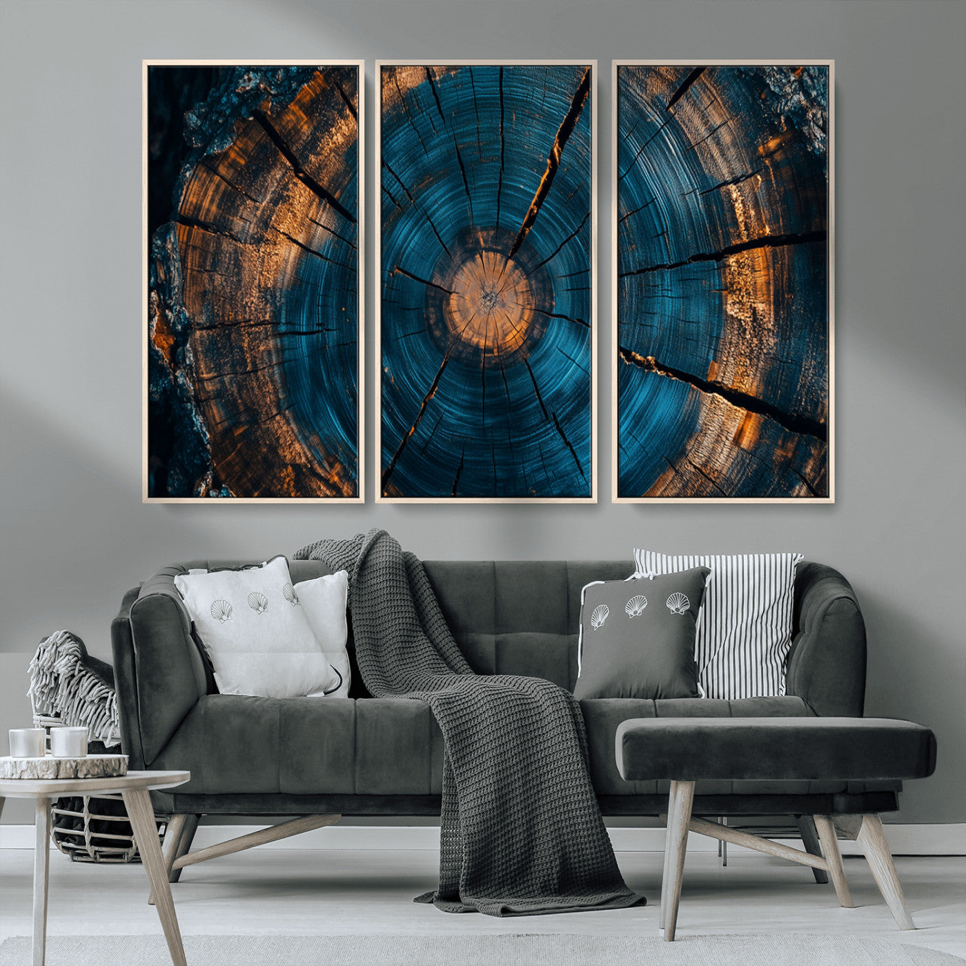 MGV-FC-48X32-3P - Farmhouse Wall Art - Abstract Tree Rings Canvas Wall Art Print, Framed Wood Grain Rings Artwork