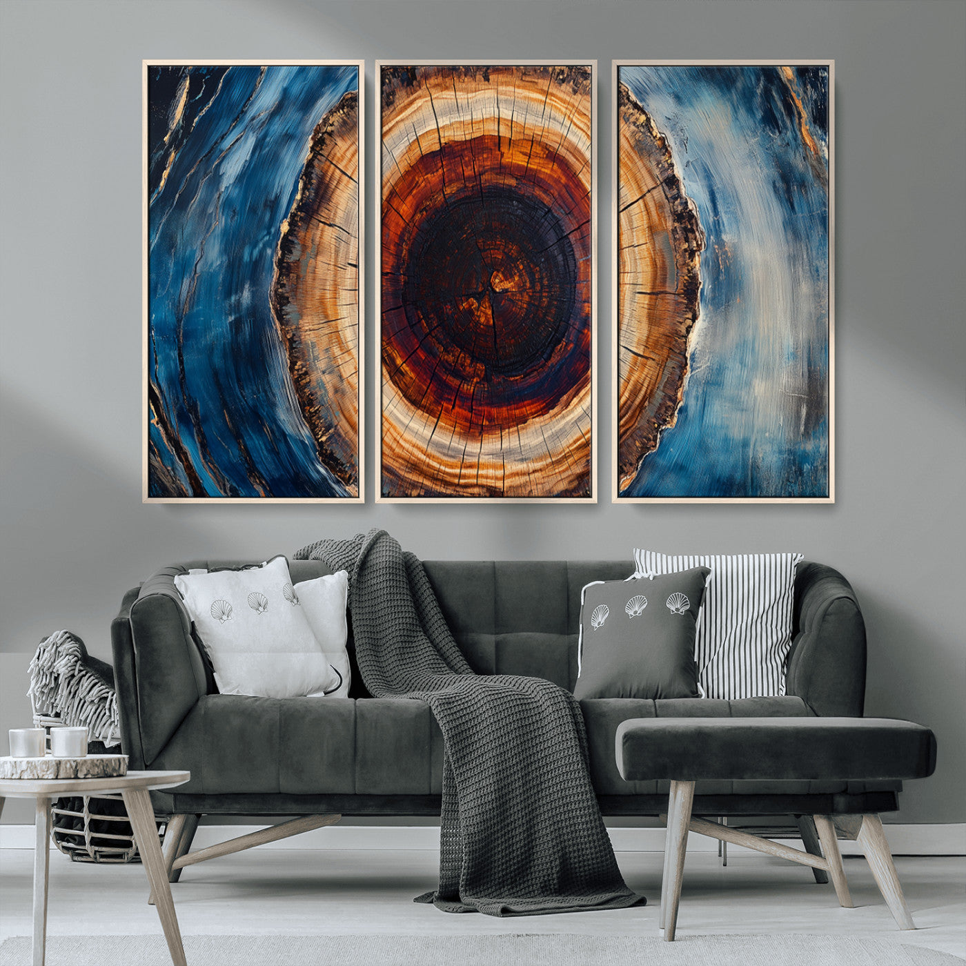 MGV-FC-48X32-3P - Framed Abstract Tree Ring Wall Art Print, Natural Rustic Wood Texture Canvas Print, Wood Tree Stump