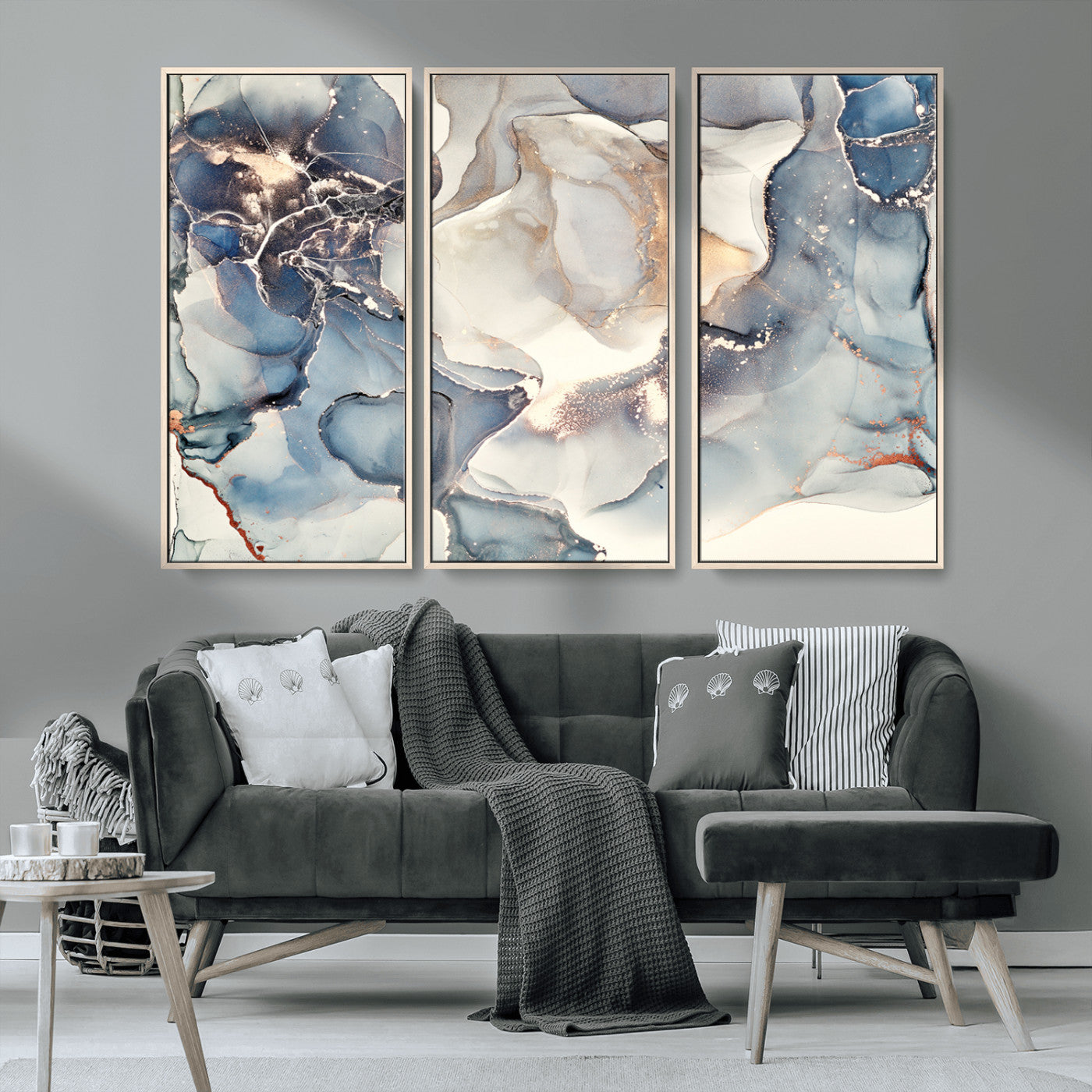 MGV-FC-48X32-3P - Abstract Blue and Gold Canvas Wall Art - Fluid Modern Ink Artwork - Modern Luxury Wall Decor for