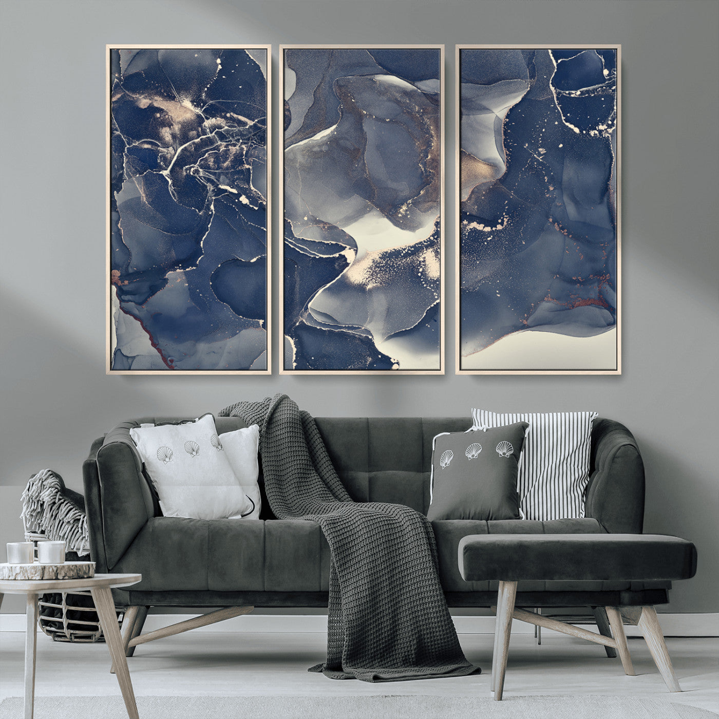 MGV-FC-48X32-3P - Large Abstract Blue and Gold Canvas Wall Art | Fluid Ink Artwork Print | Luxury Wall Decor for