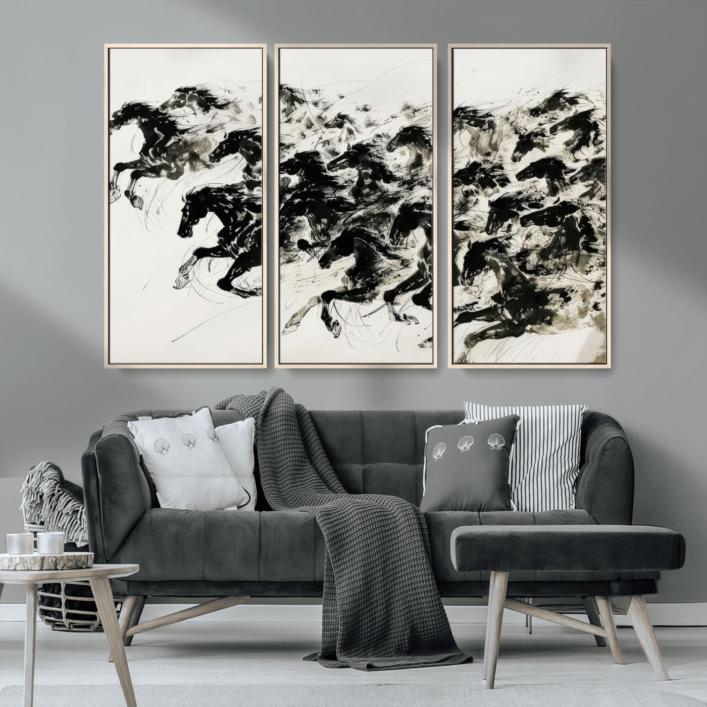 MGV-FC-48X32-3P - Abstract Horse Wall Art Canvas Print - Dynamic Black Ink Horse Print - Modern Equine Wall Decor for