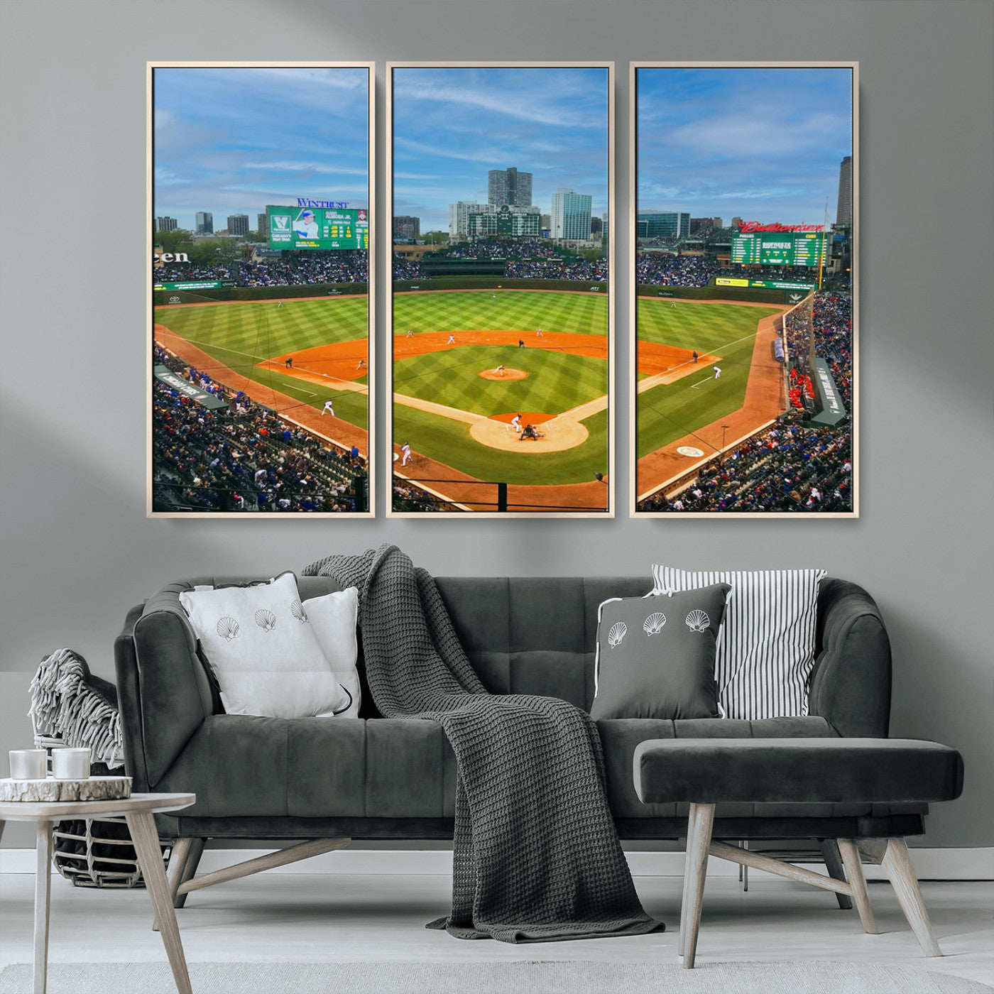 MGV-FC-48X32-3P - Wrigley Field Chicago Cubs Panoramic Multi Piece Canvas Wall Art - Iconic Baseball Stadium Print for