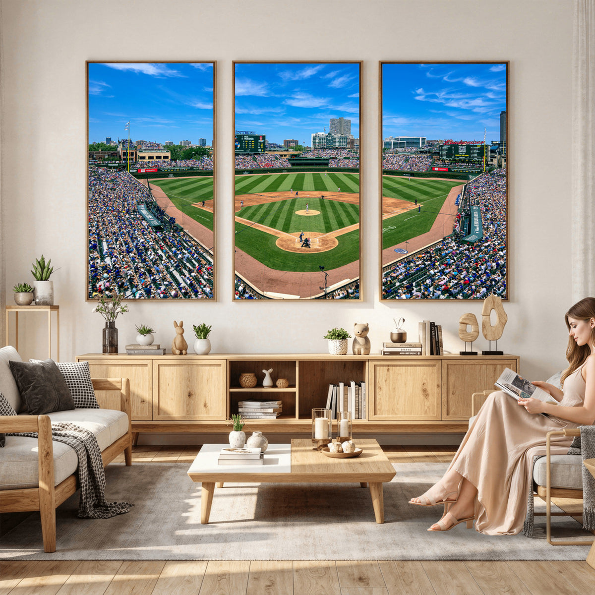 26064-MGV-CV-36X24 - Wrigley Field Chicago Cubs Wall Art Canvas Print Framed Panoramic Multi-Piece Iconic Baseball Stadium Artwork for Home, Office