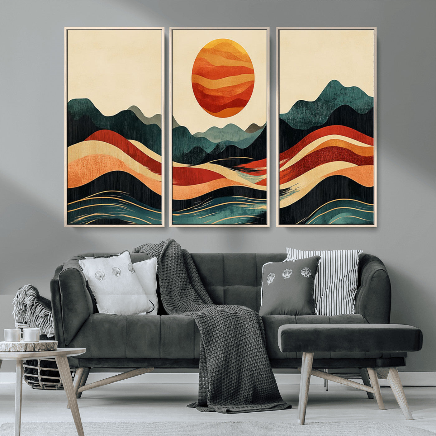 MGV-FC-48X32-3P - Mountain Triptych Wall Art - Western Nature Prints - Framed Boho Pine Tree Canvas for Log Cabin or
