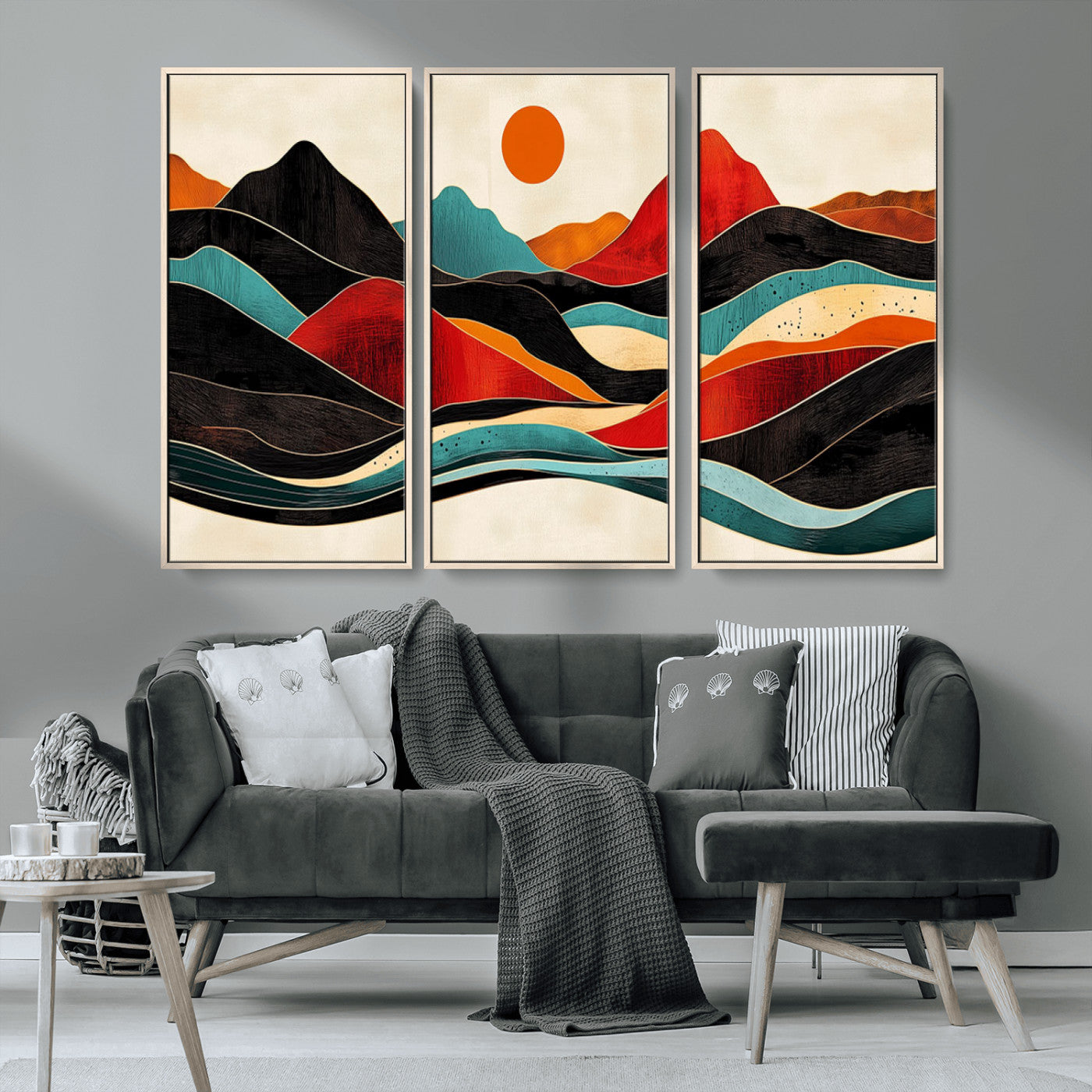 MGV-FC-48X32-3P - Western Wall Decor - Large Triptych Mountain Canvas - Boho Woodland Wall Art Print - Framed