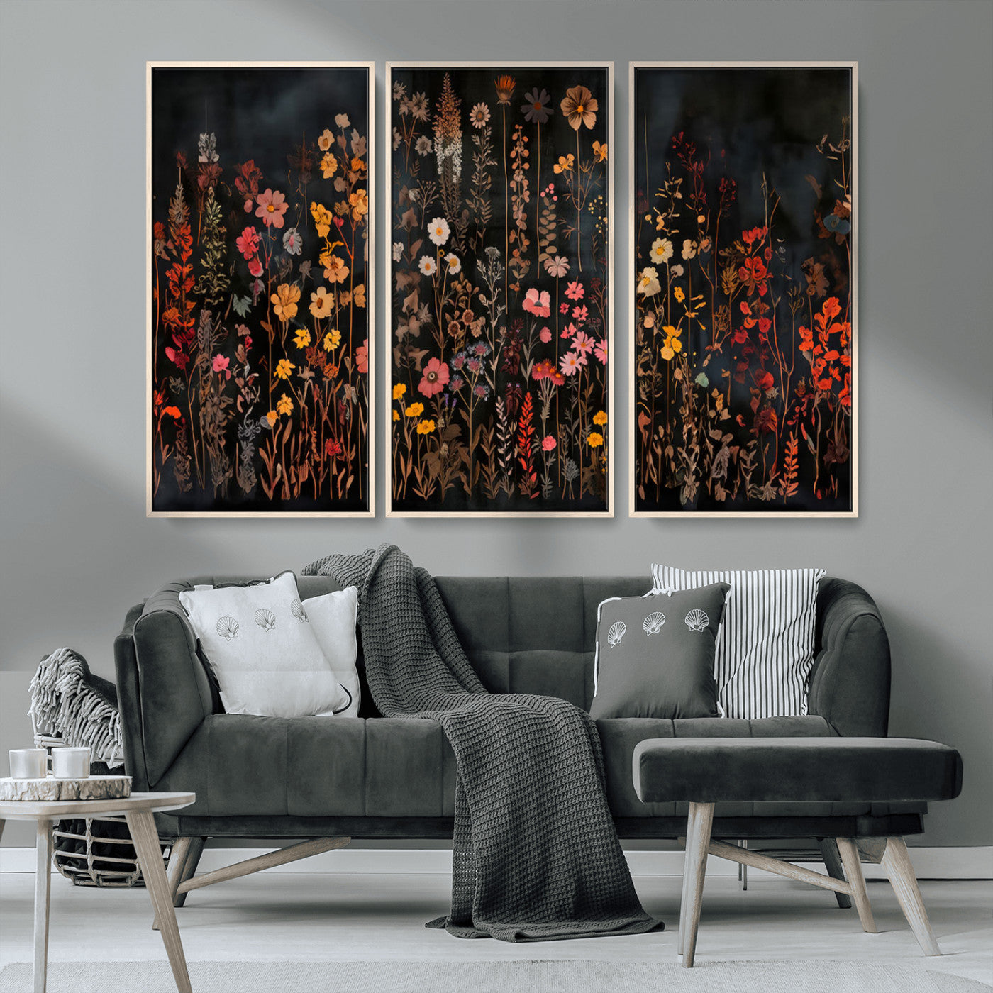 MGV-FC-48X32-3P - Dark Floral Canvas Wall Art - Moody Botanical Flower Print - Rustic Floral Wall Decor for Home -