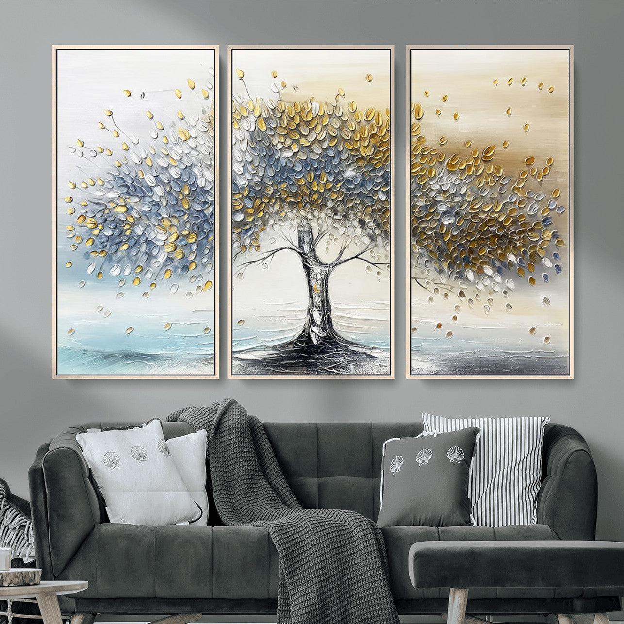 MGV-FC-48X32-3P - Golden & Silver Tree of Life Wall Art – Canvas Print with Whimsical Leaves Elegant Nature Design, Decorative Home, Office or Guest Room Decor