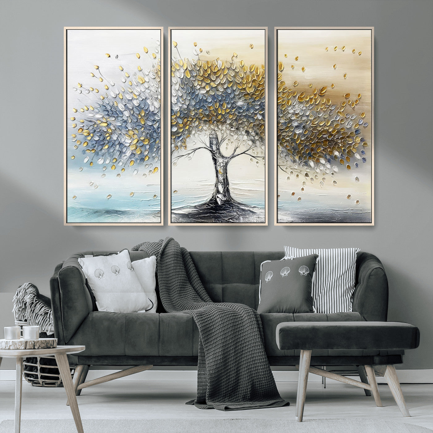 An elegant impasto painting featuring a tree with shimmering silver and gold leaves, blending soft pastels to create a calm and sophisticated atmosphere.