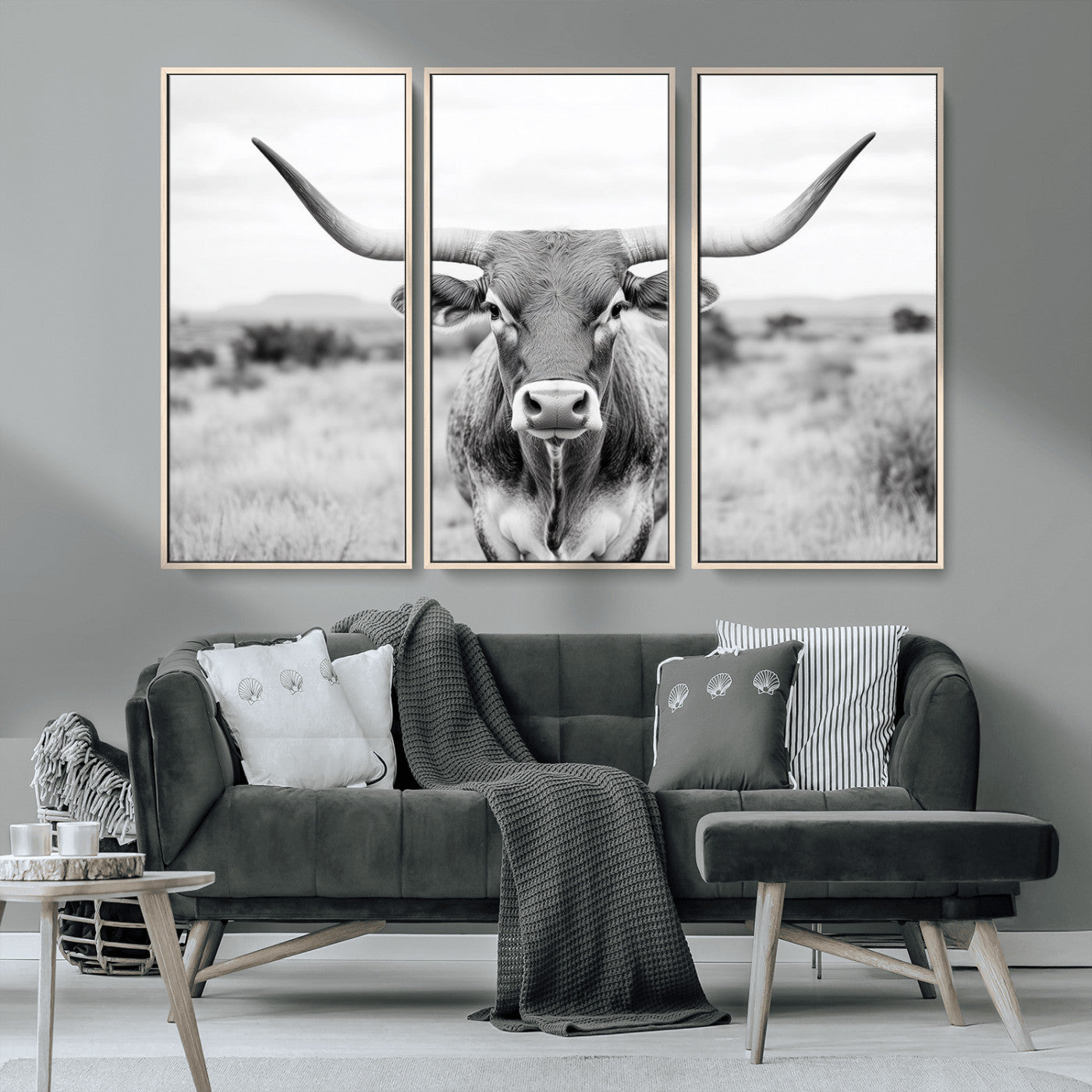 MGV-FC-48X32-3P - Highland Cow Wall Art Print - Black and White Texas Western Longhorn Canvas - Farmhouse Decor Print