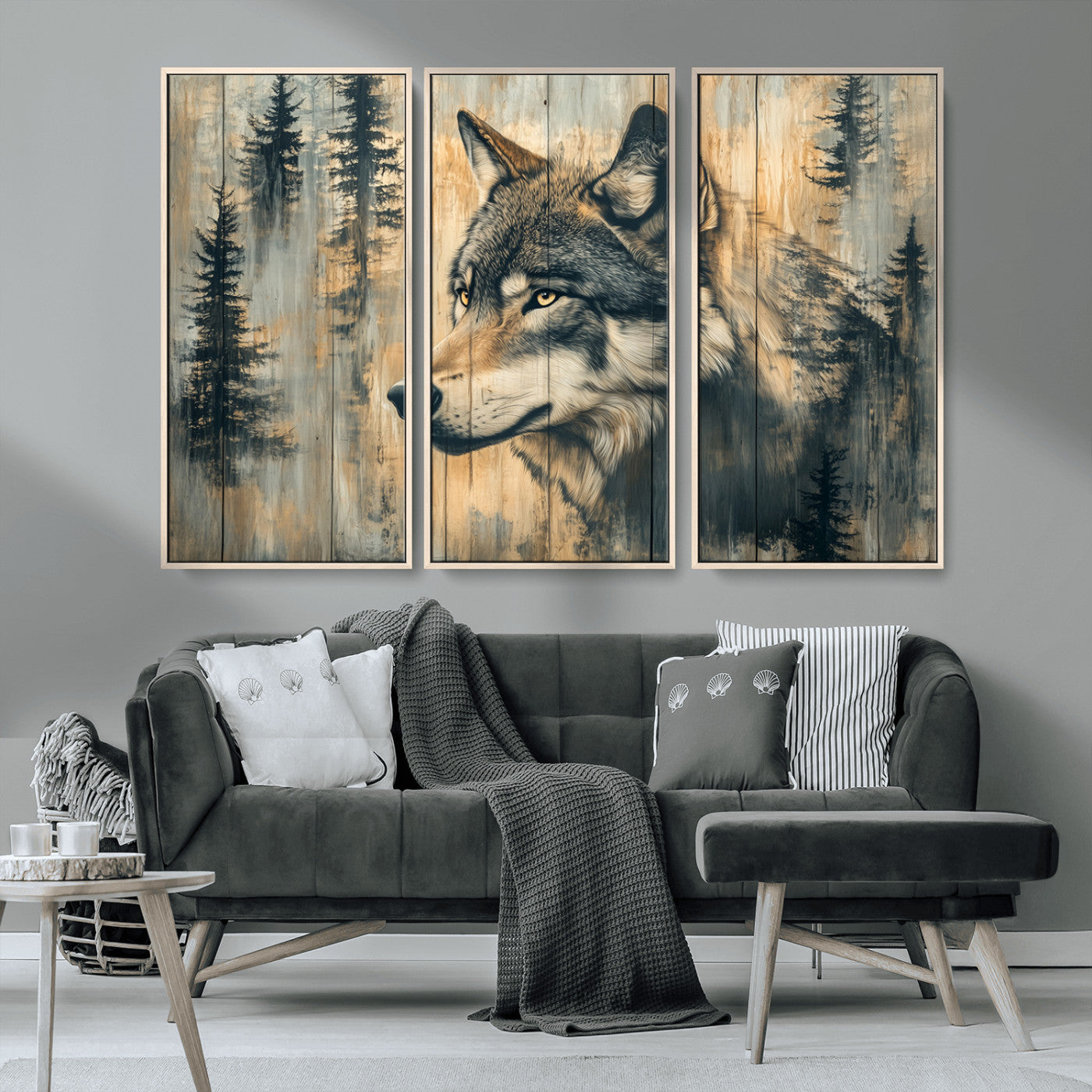 MGV-FC-48X32-3P - Wood Style Rustic Wolf Wall Art Canvas Print, Vintage Woodland Wolf Wall Art, Framed Wood Style Wolf