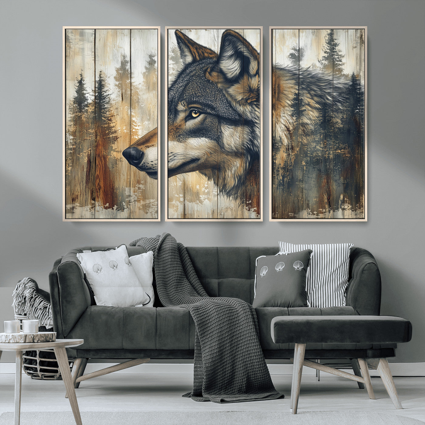 MGV-FC-48X32-3P - Rustic Wolf Wall Art Canvas Print, Vintage Woodland Wolf Wall Art