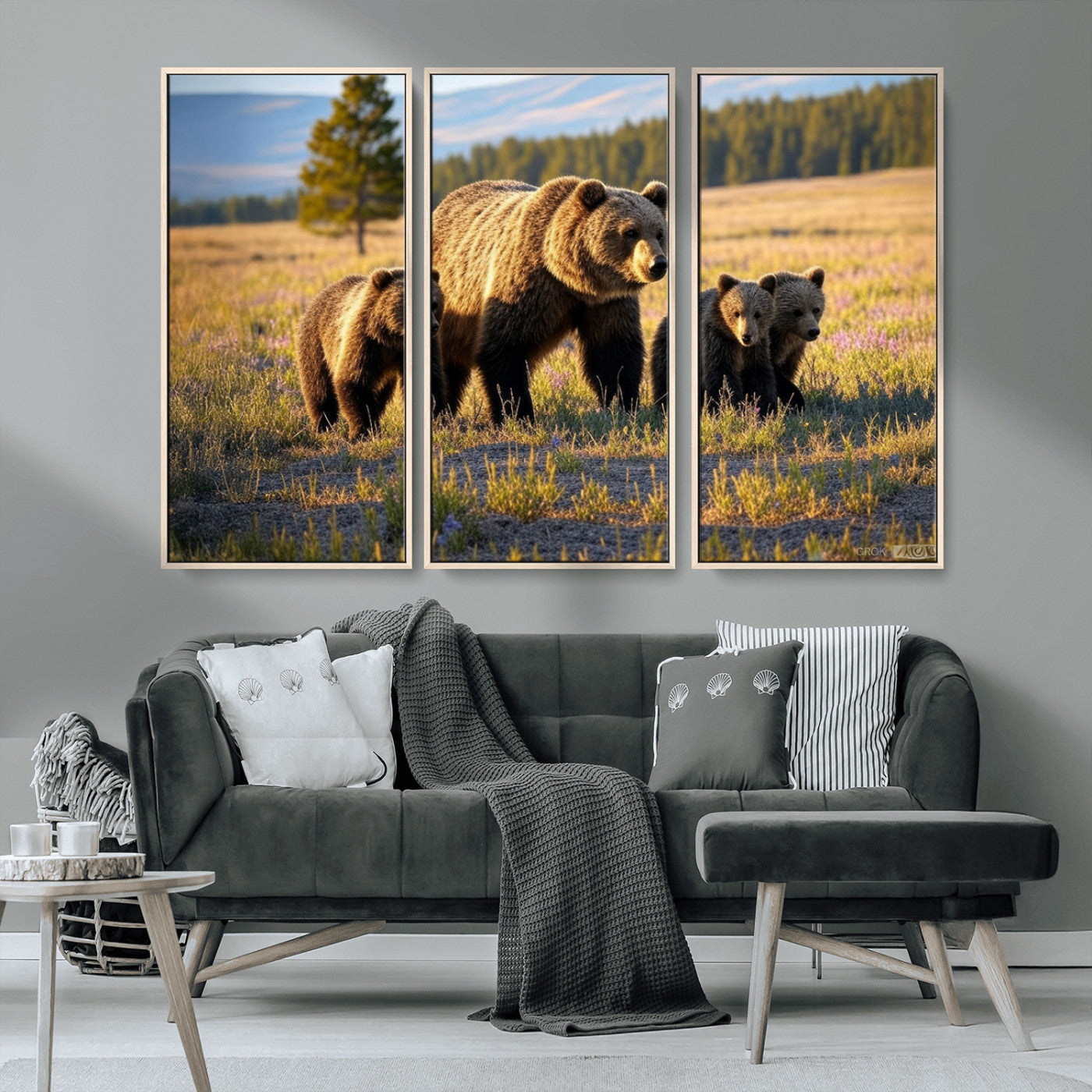 MGV-FC-48X32-3P - Grizzly 399 in Wild Flowers Wall Art Canvas Print, Grizzly Bears Wall Art, Queen of Grand Teton