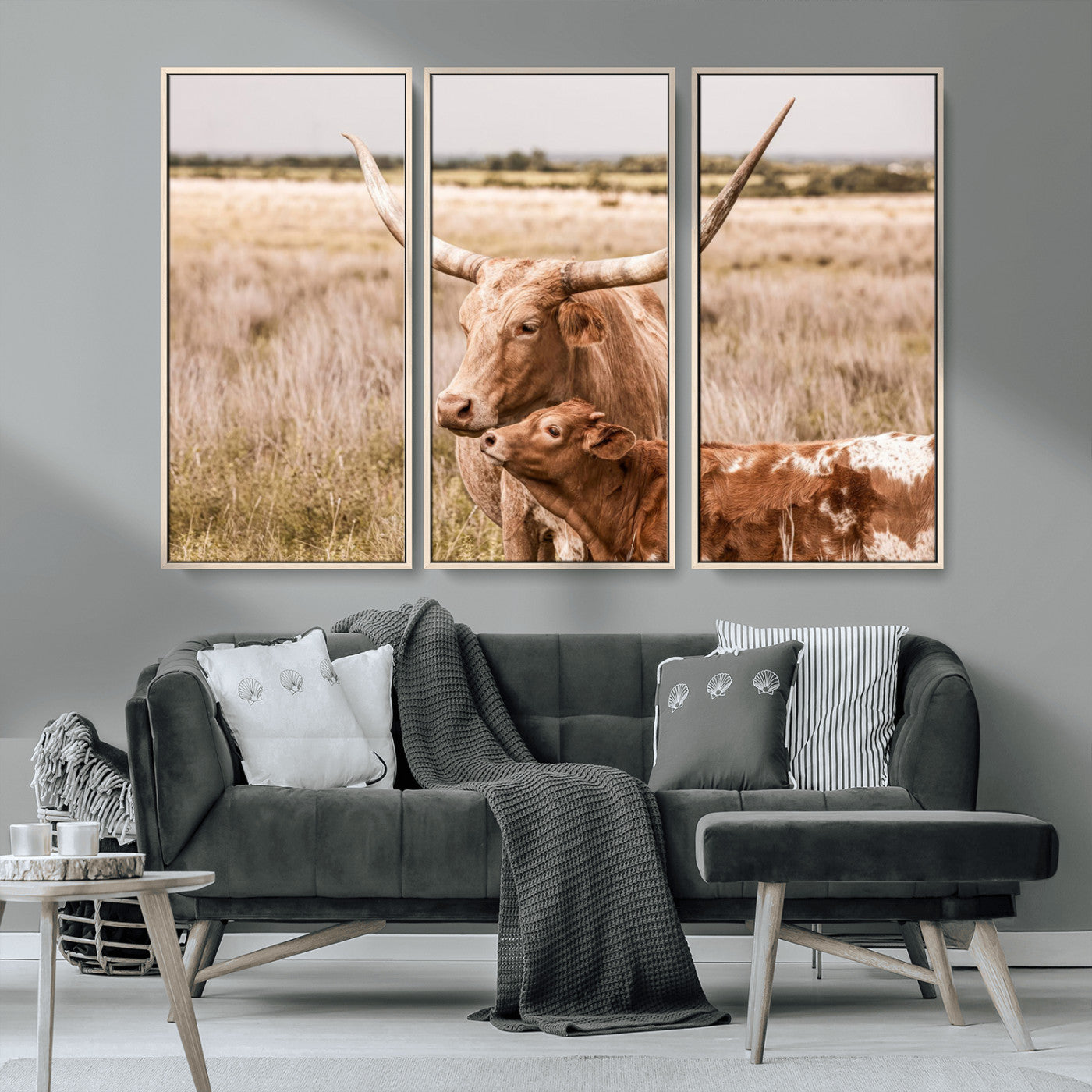 MGV-FC-48X32-3P - Texas Longhorn Cow Wall Art Canvas Print for Farmhouse Wall Art, Texas Decor, Western Wall Art Print