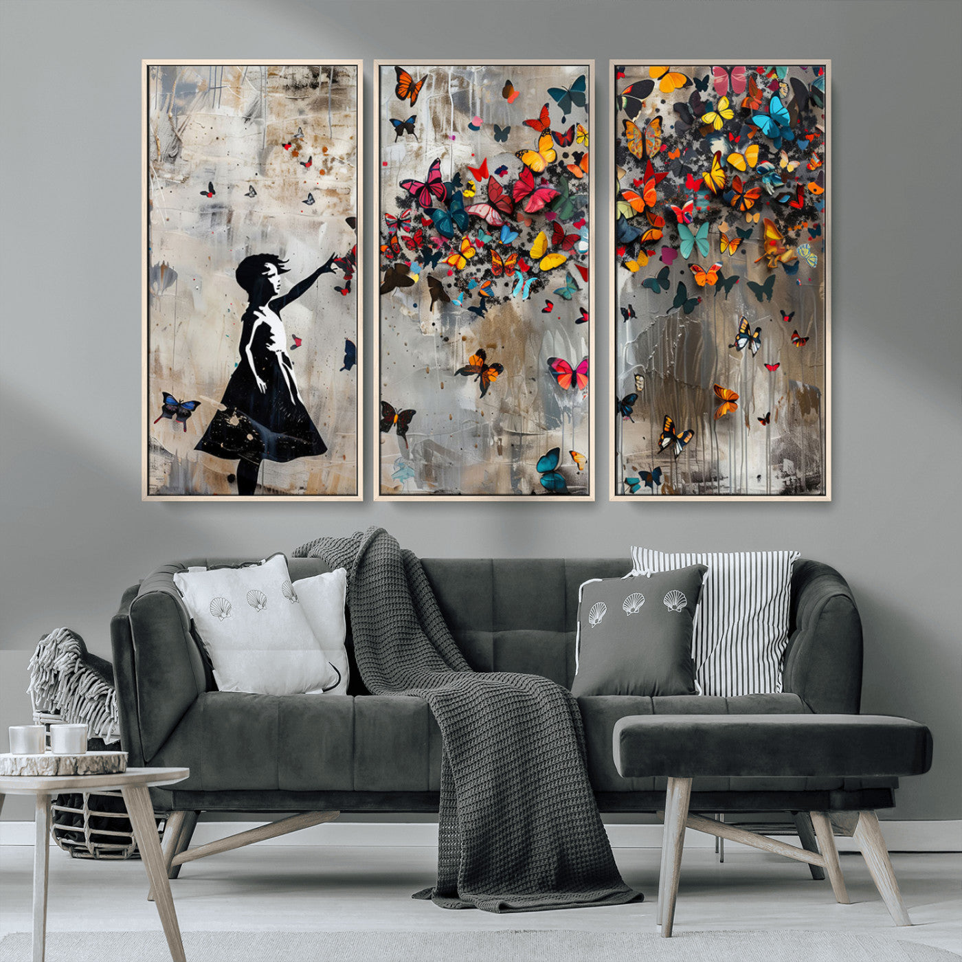 MGV-FC-48X32-3P - Banksy Butterfly Girl Wall Art | 3-Piece Butterfly Girl Canvas