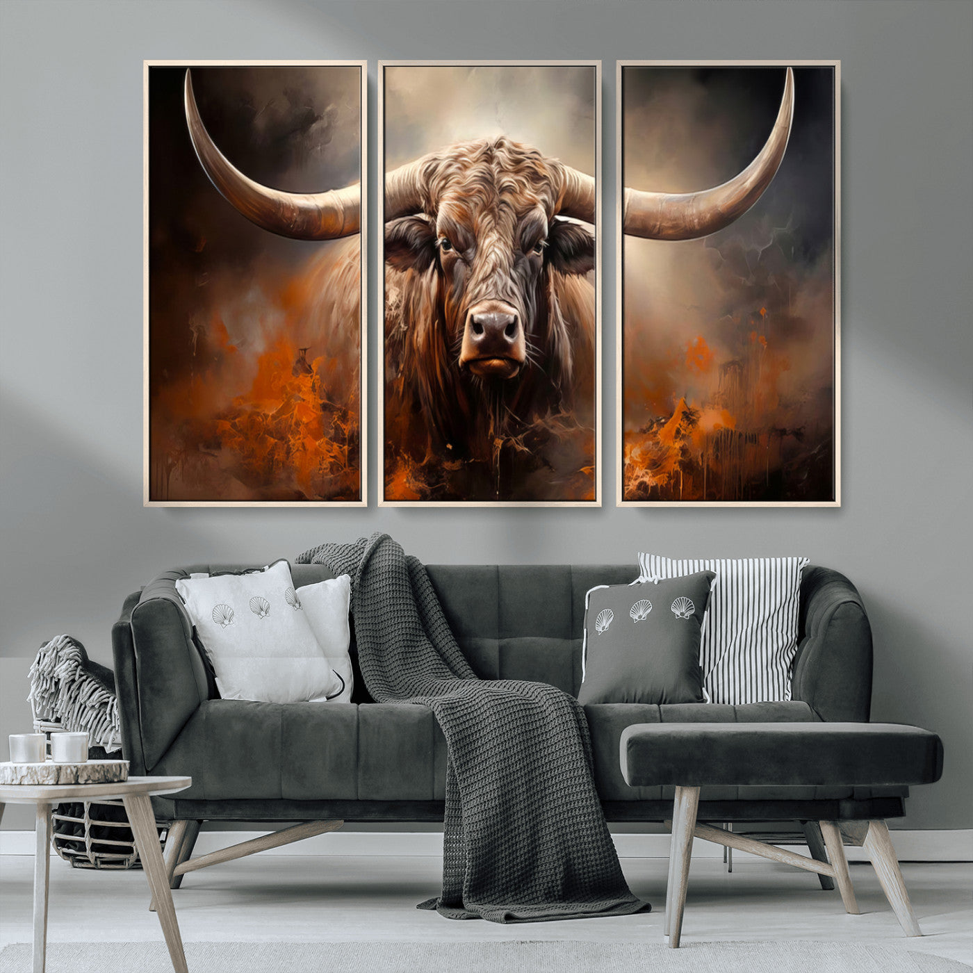 MGV-FC-48X32-3P - Highland Bull Canvas Abstract Canvas Wall Art Print – Powerful Highland Bull with Striking Horns in