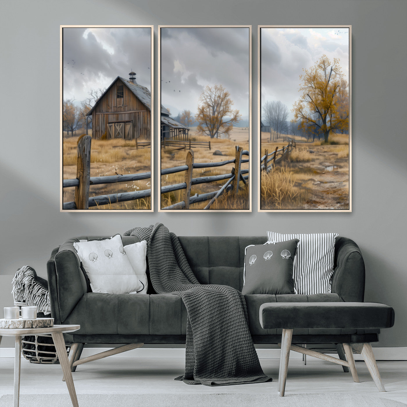 MGV-FC-48X32-3P - Rustic Autumn Farmhouse Wall Art Canvas Print – Serene Countryside Scene with Weathered Barn and