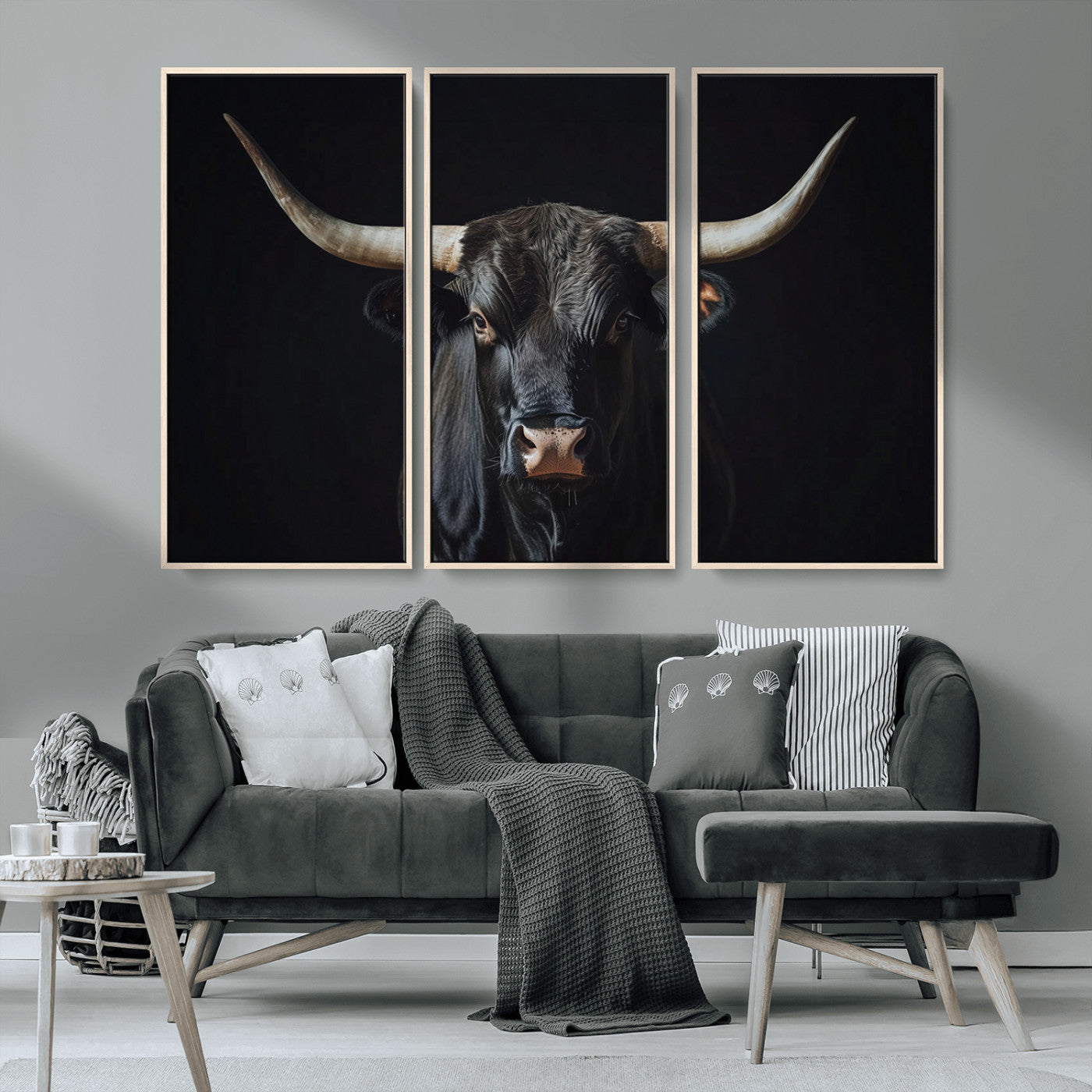 48065167-MGV-CV-36X24-Majestic Longhorn Bull Wall Art Canvas Print – Dark Background Western Ranch Portrait Artwork for Home, Office